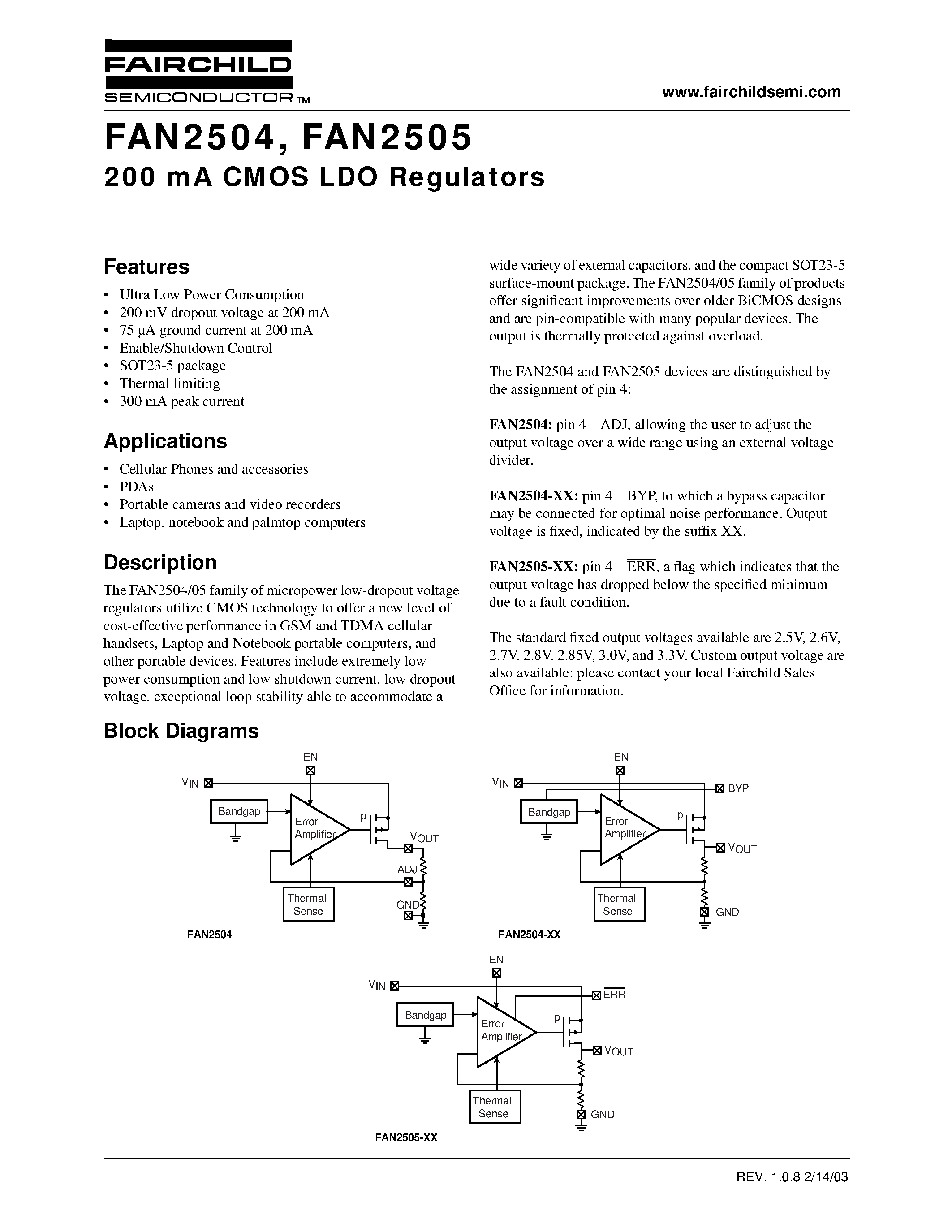 Даташит FAN2504 - 200 mA CMOS LDO Regulators страница 1