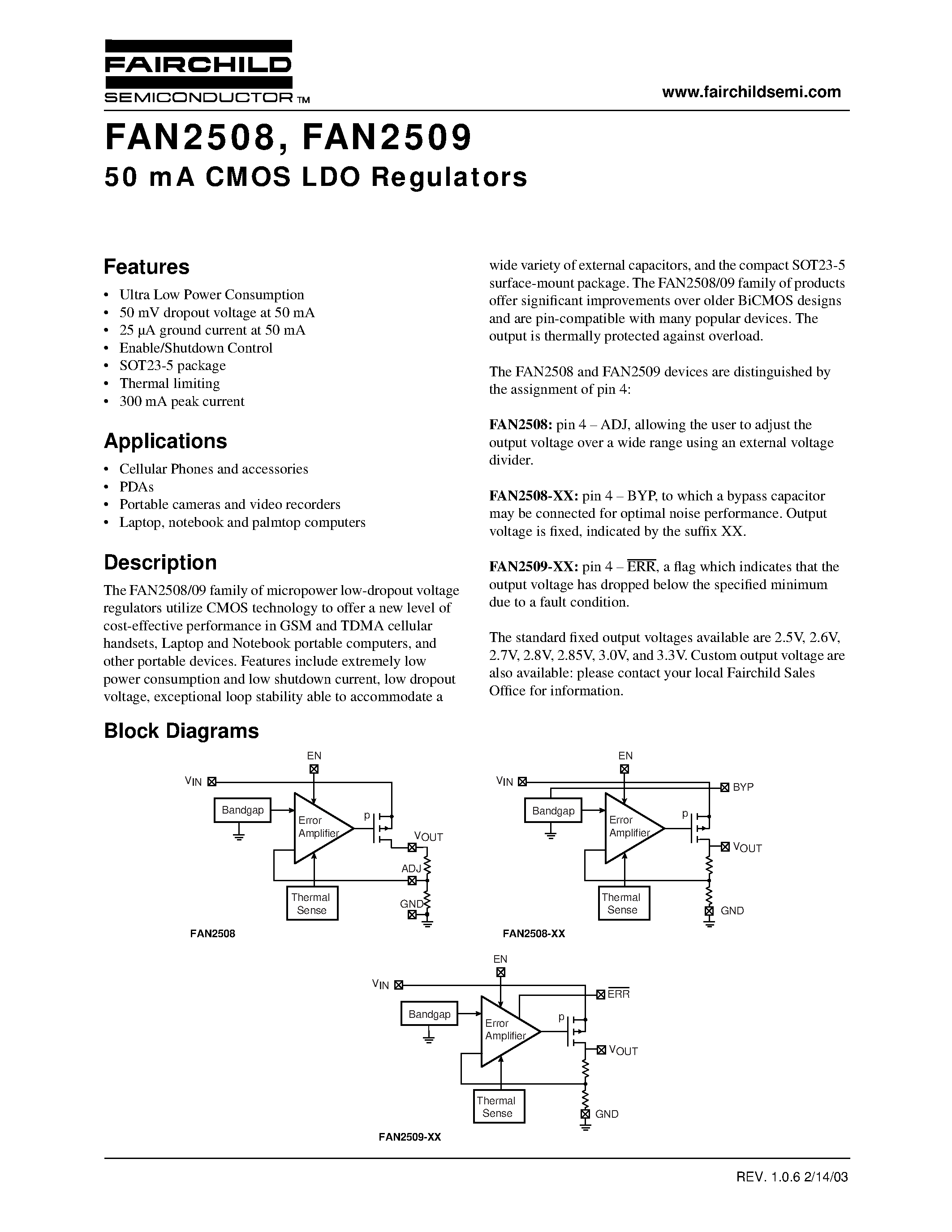 Даташит FAN2509 - 50 mA CMOS LDO Regulators страница 1