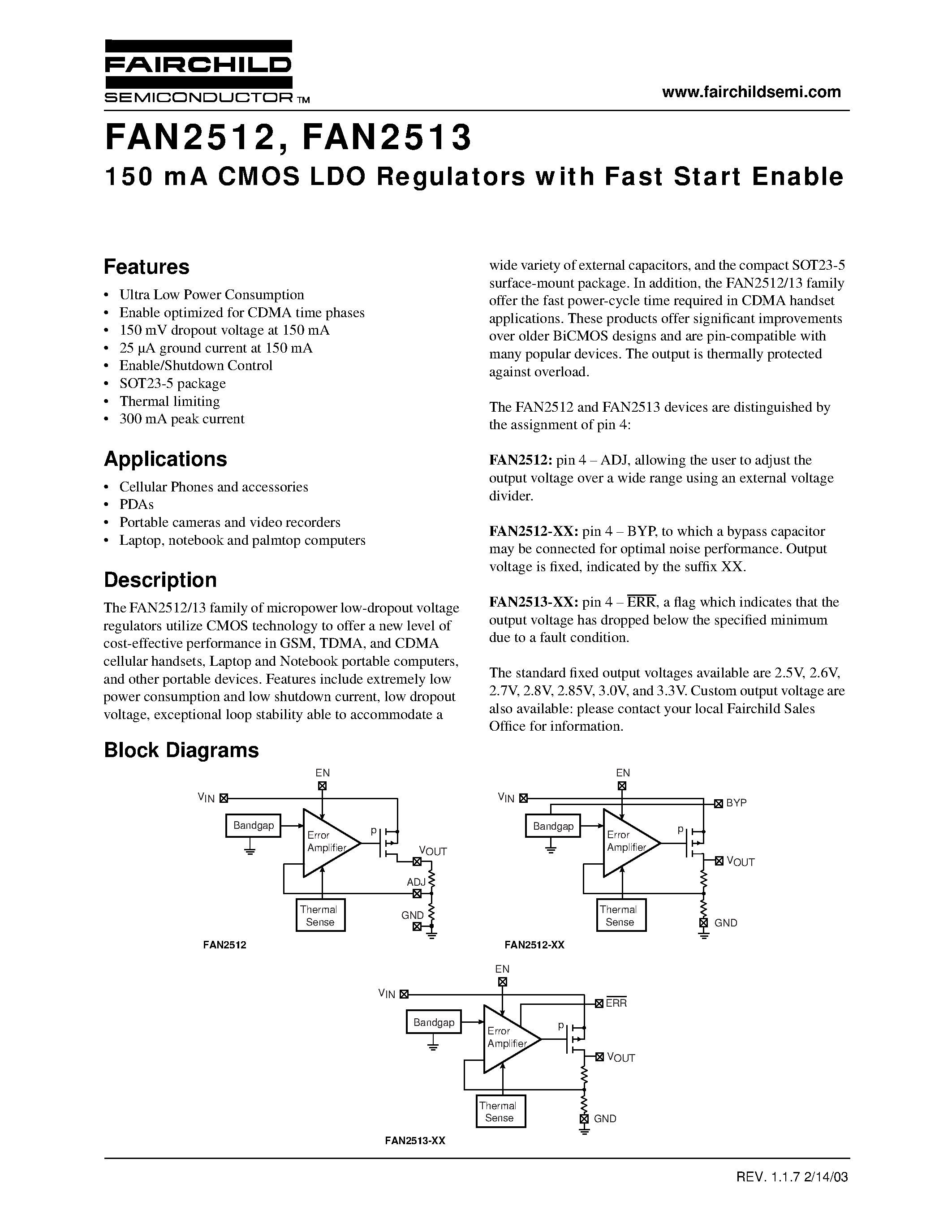 Даташит FAN2513 - 150 mA CMOS LDO Regulators with Fast Start Enable страница 1