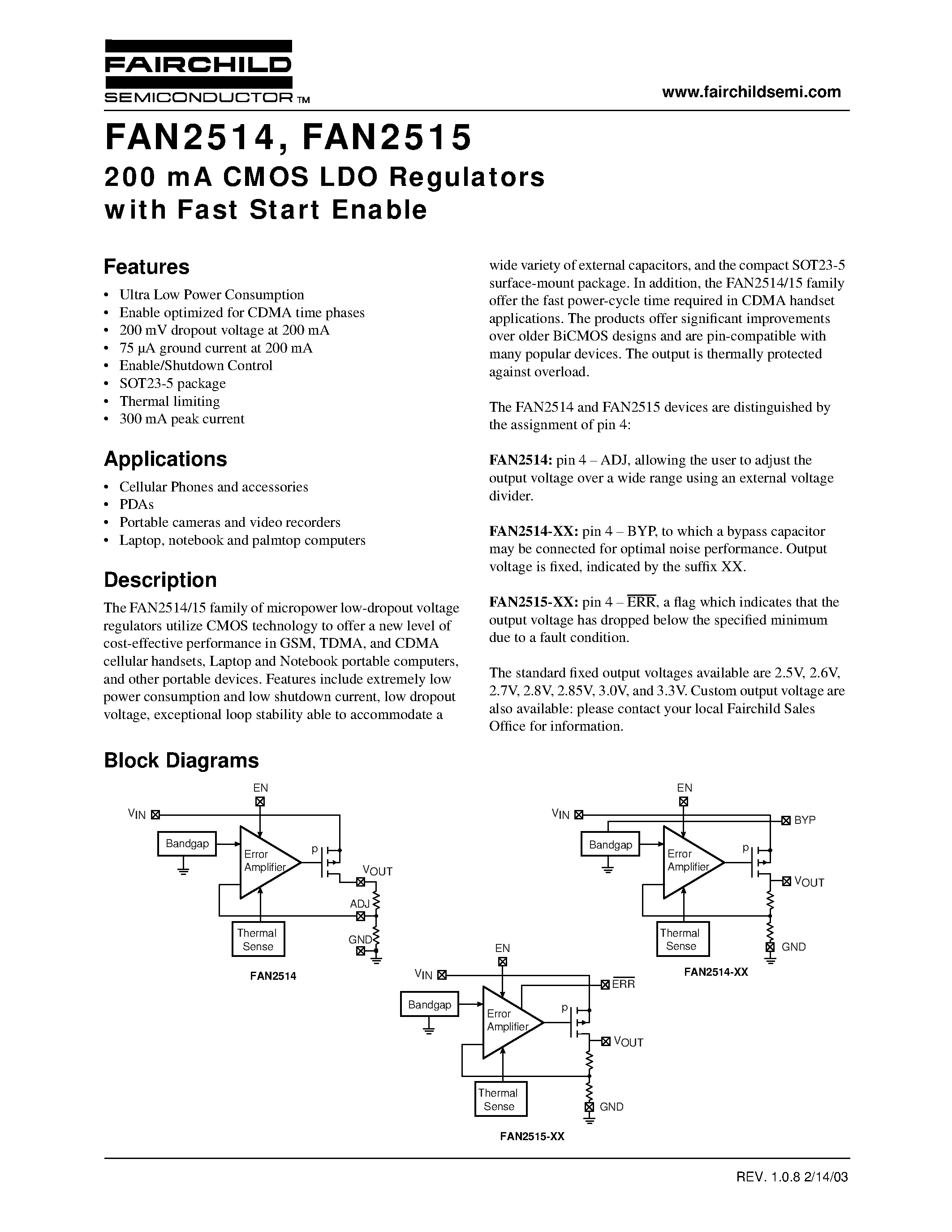 Даташит FAN2515 - 200 mA CMOS LDO Regulators with Fast Start Enable страница 1