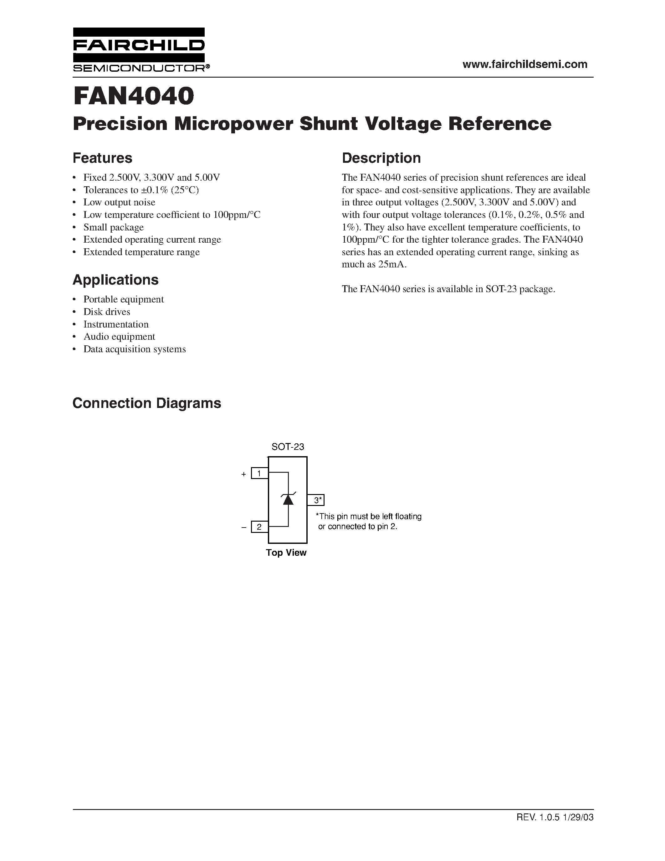 Даташит FAN4040 - Precision Micropower Shunt Voltage Reference страница 1