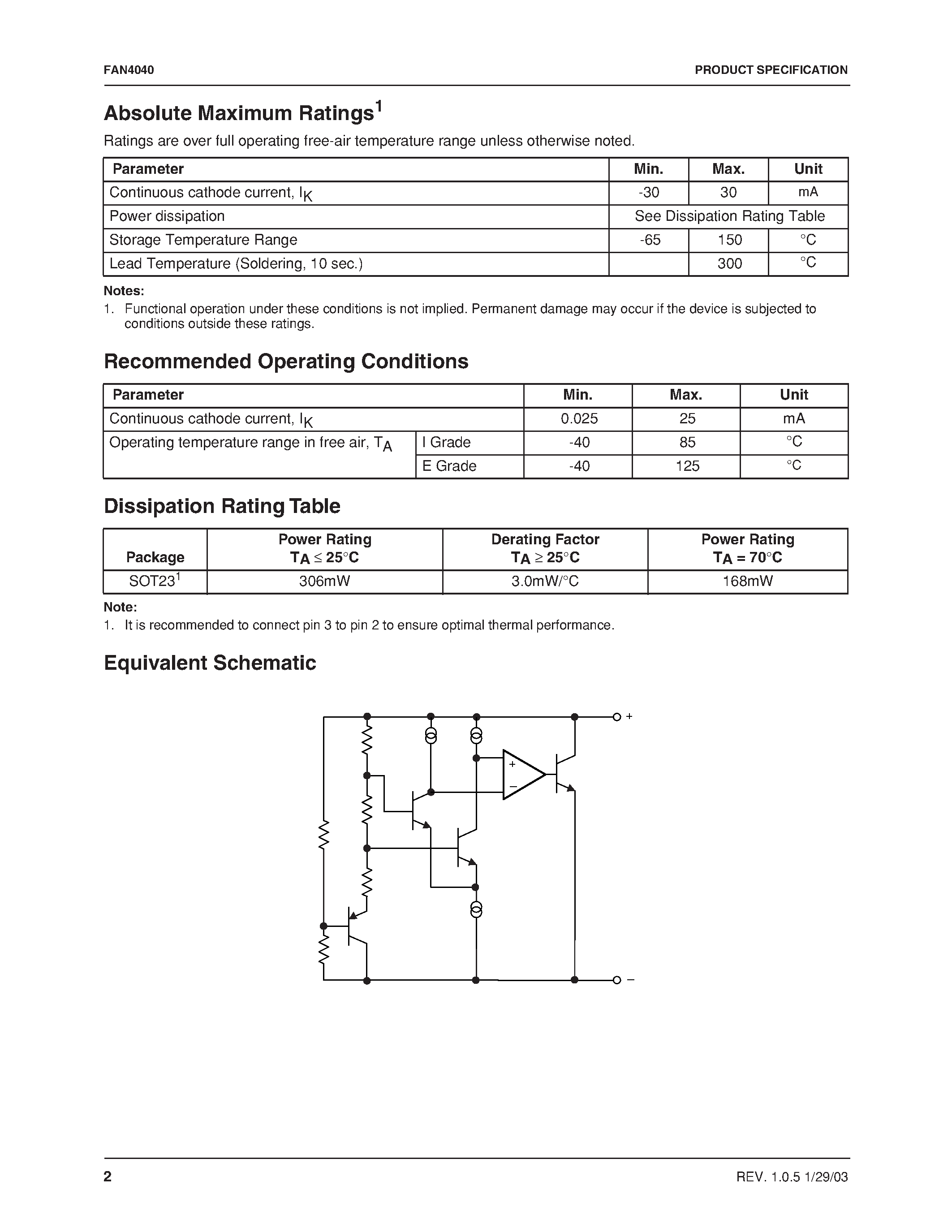 Datasheet FAN4040-5.0 - Precision Micropower Shunt Voltage Reference page 2