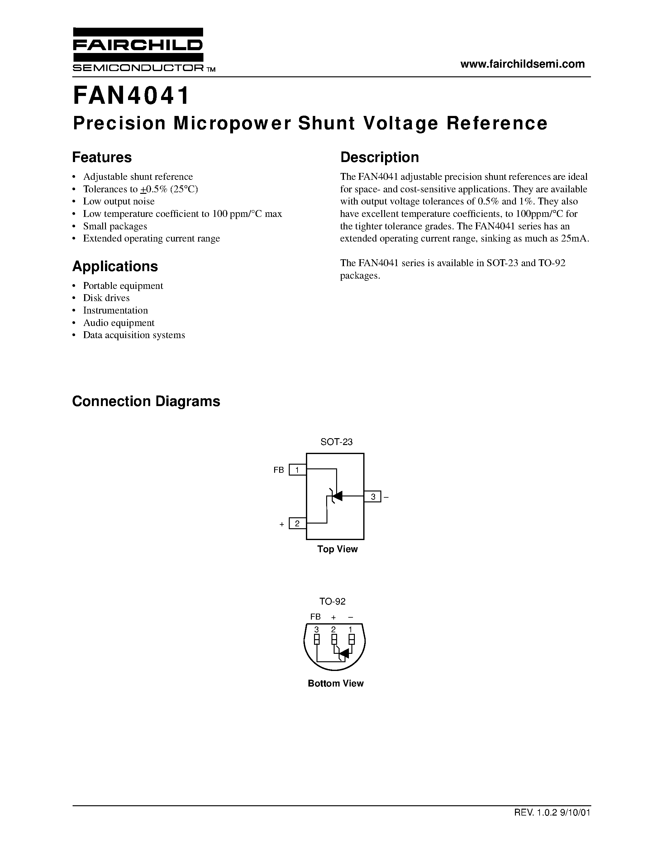 Даташит FAN4041 - Precision Micropower Shunt Voltage Reference страница 1