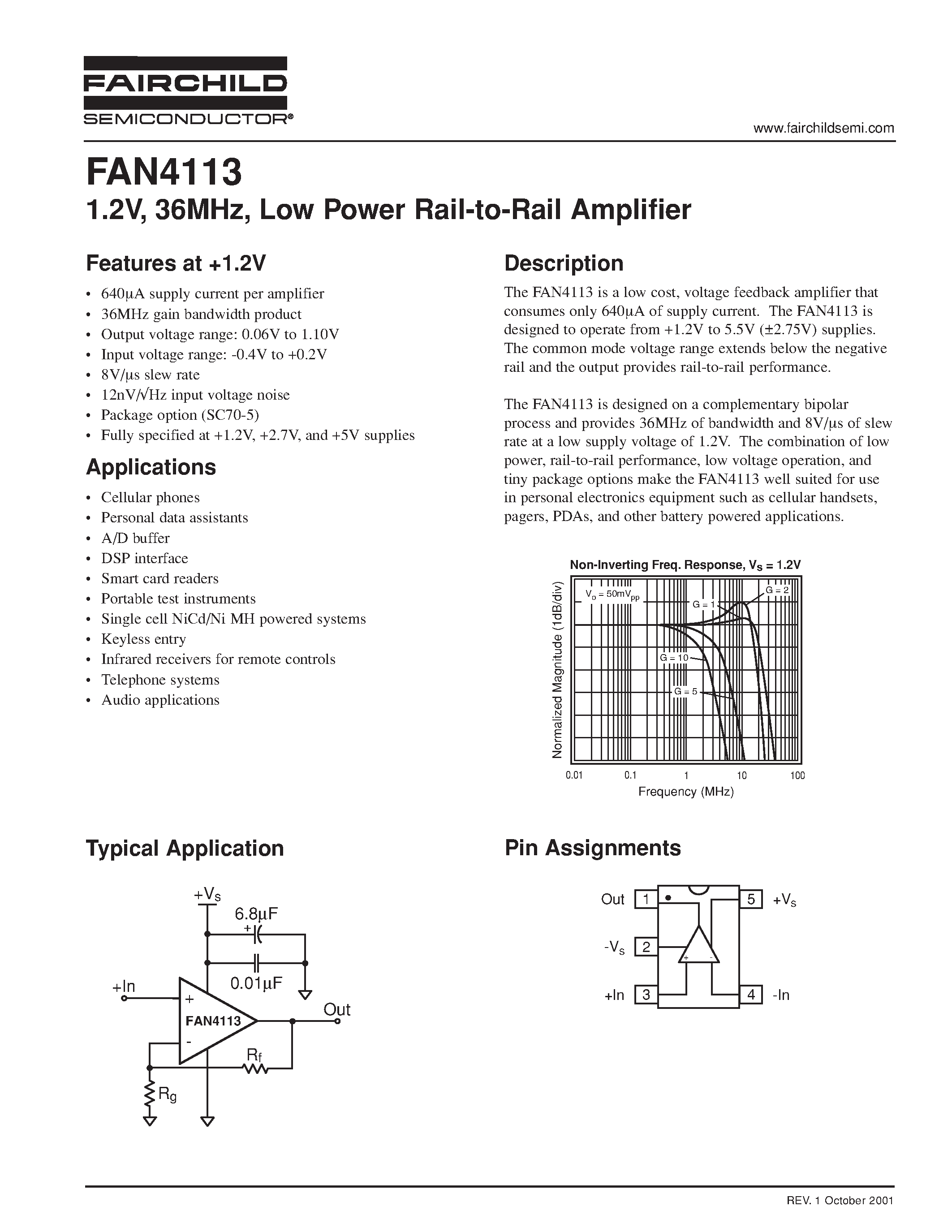 Даташит FAN4113 - 1.2V/ 36MHz/ Low Power Rail-to-Rail Amplifier страница 1