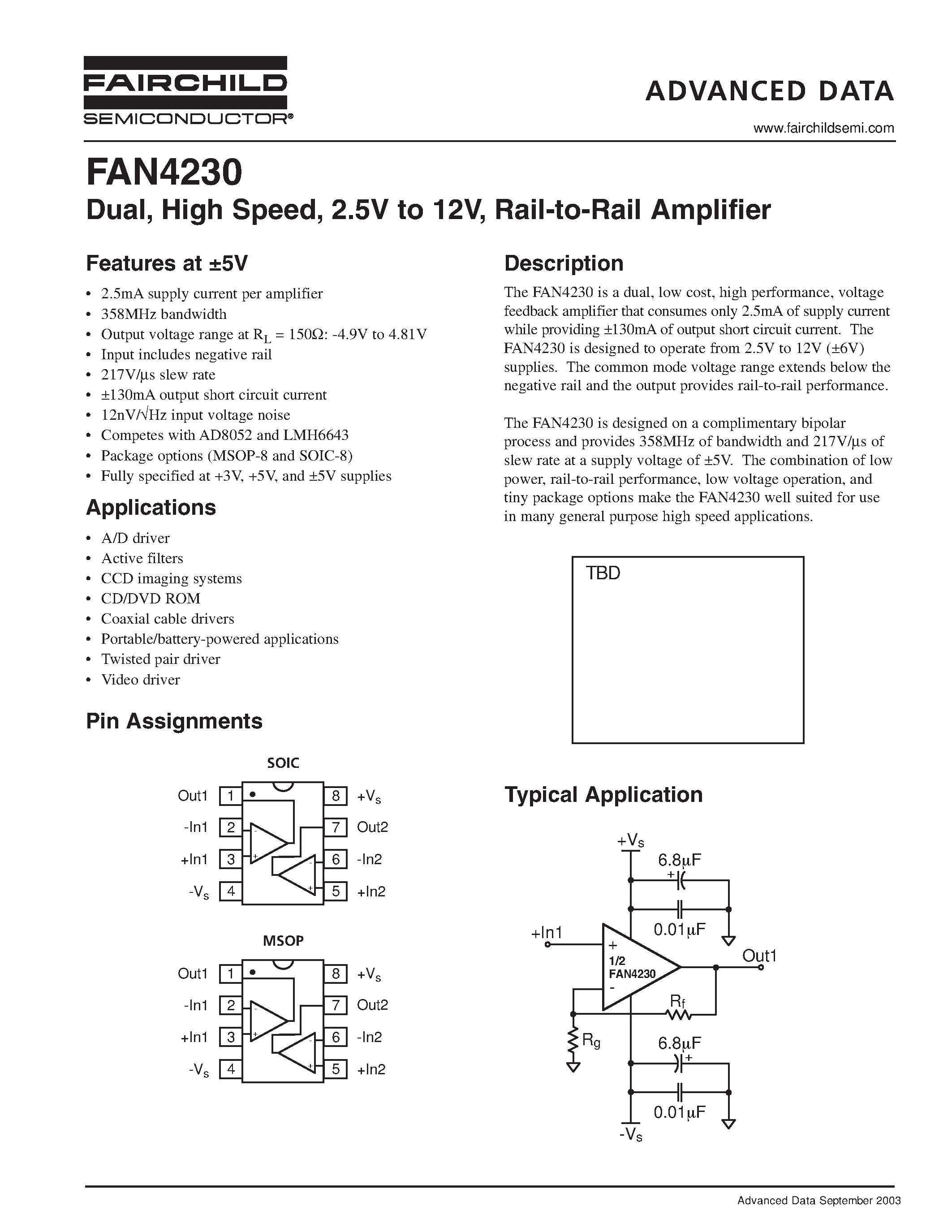 Даташит FAN4230 - Dual/ High Speed/ 2.5V to 12V/ Rail-to-Rail Amplifier страница 1