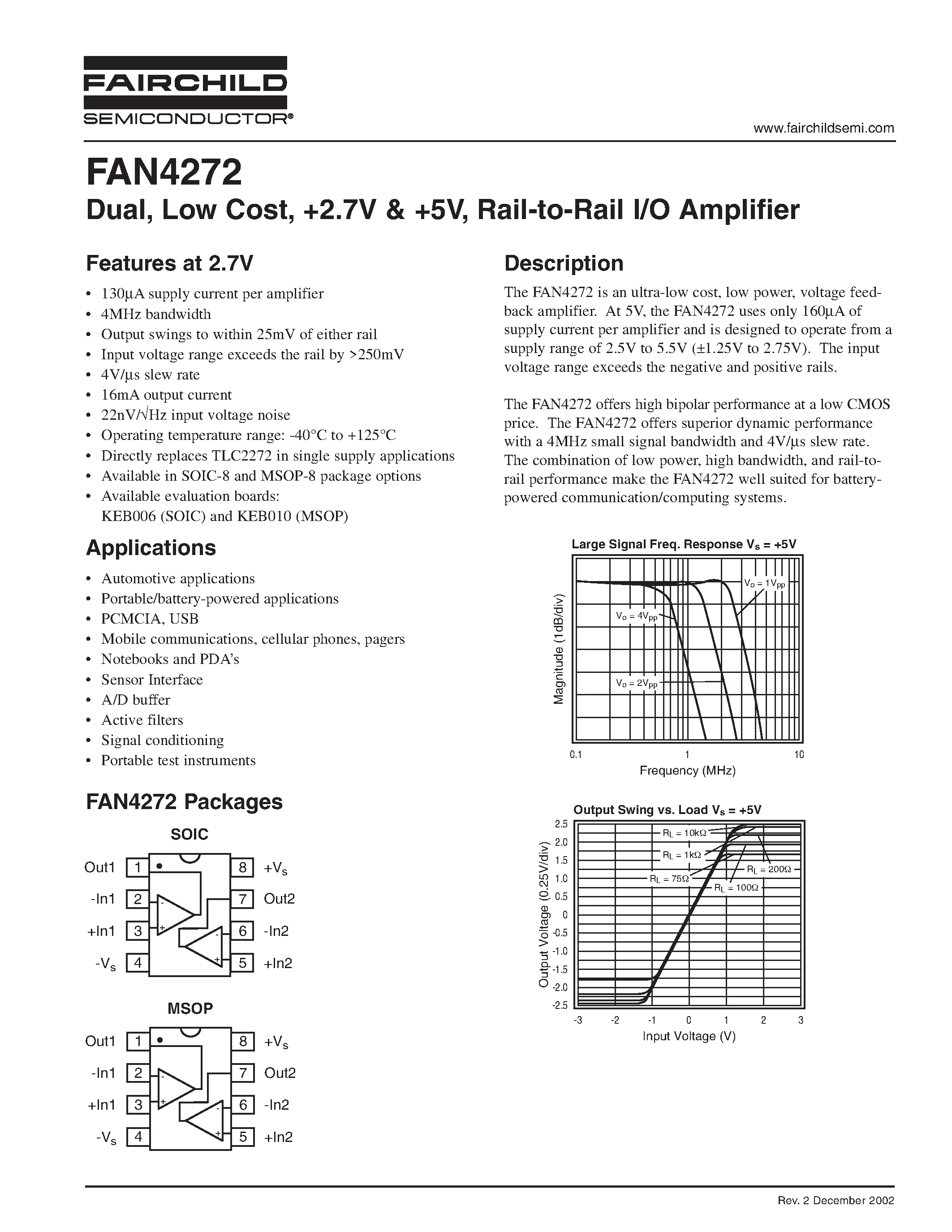 Даташит FAN4272 - Dual/ Low Cost/ +2.7V & +5V/ Rail-to-Rail I/O Amplifier страница 1