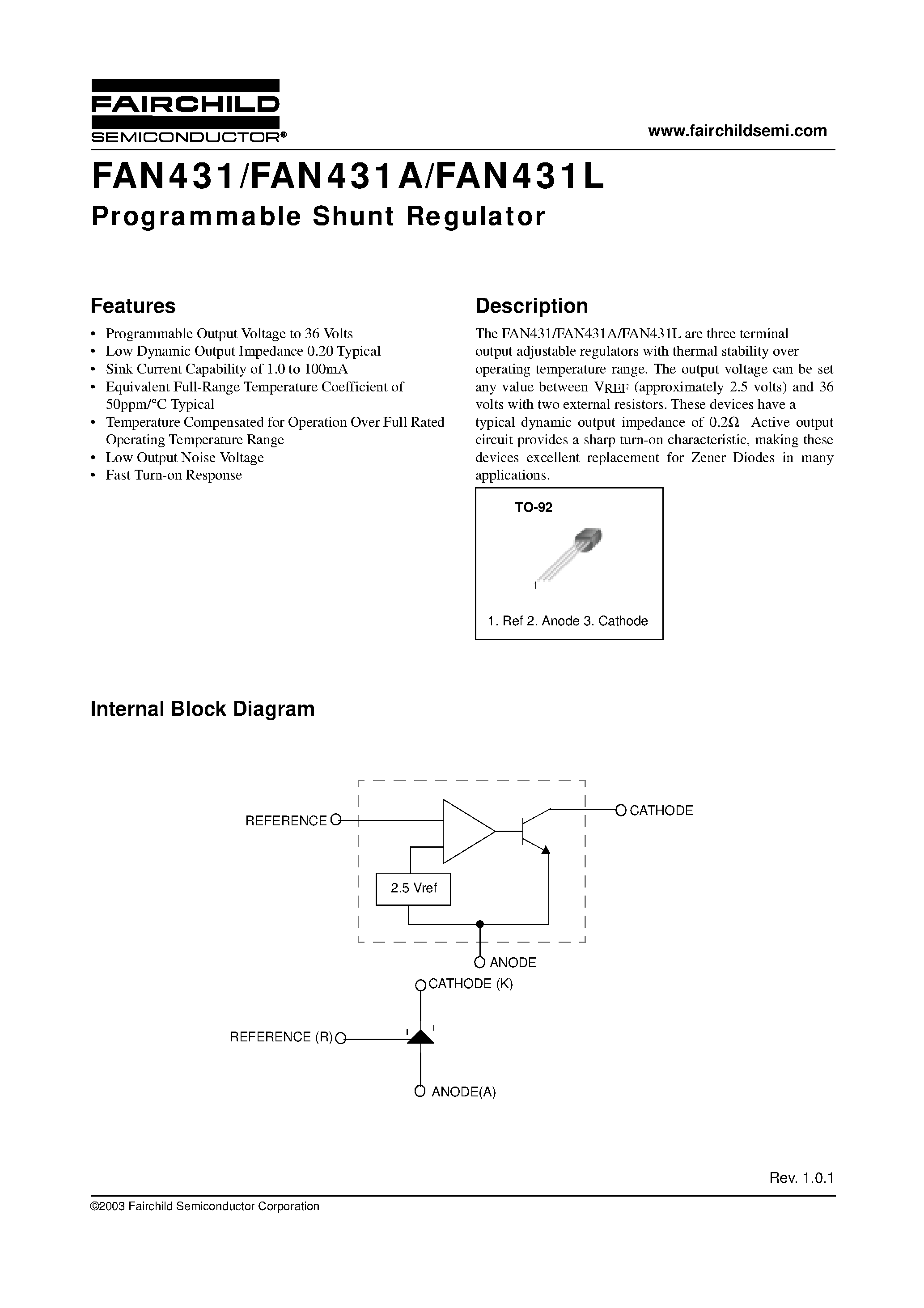 Даташит FAN431 - Programmable Shunt Regulator страница 1