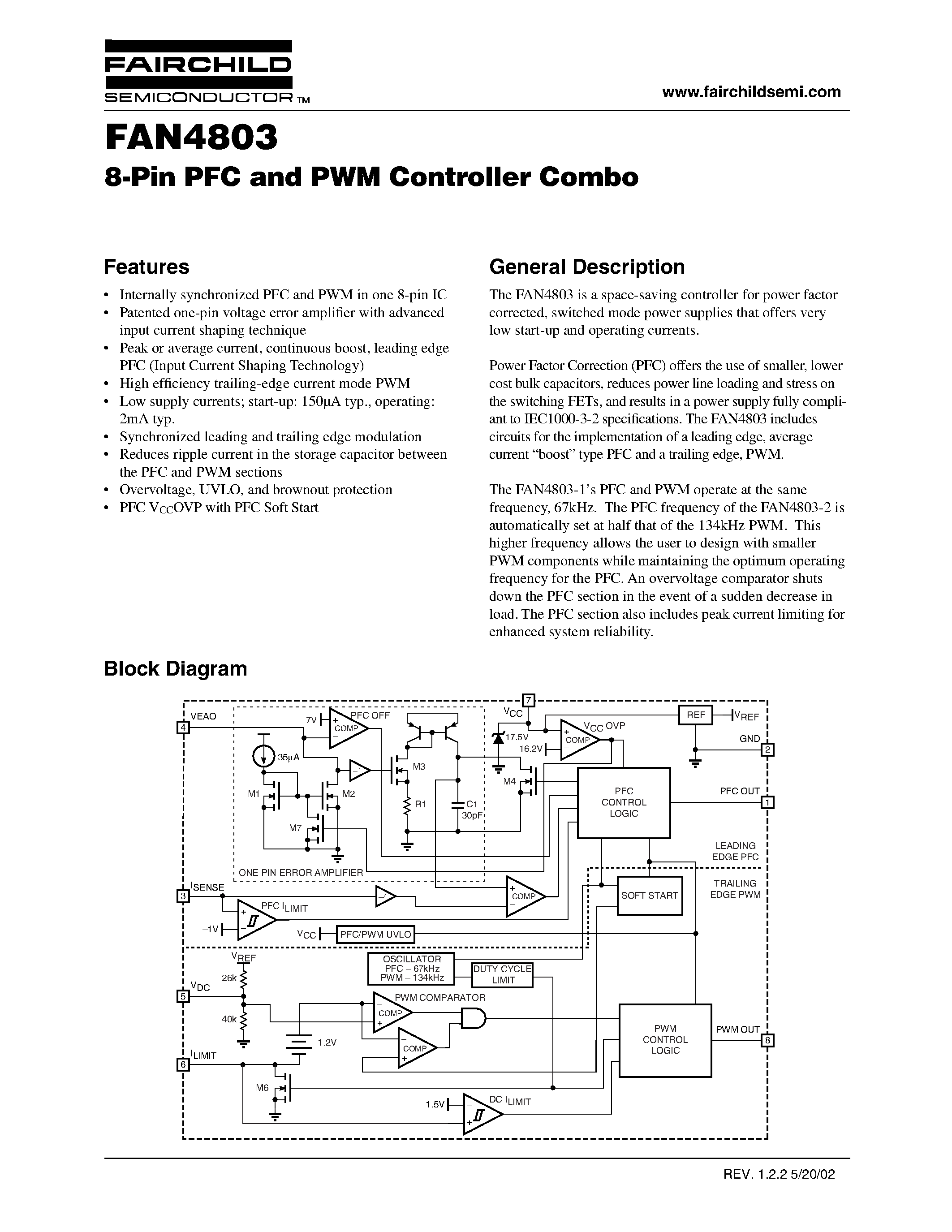 Даташит FAN4803 - 8-Pin PFC and PWM Controller Combo страница 1