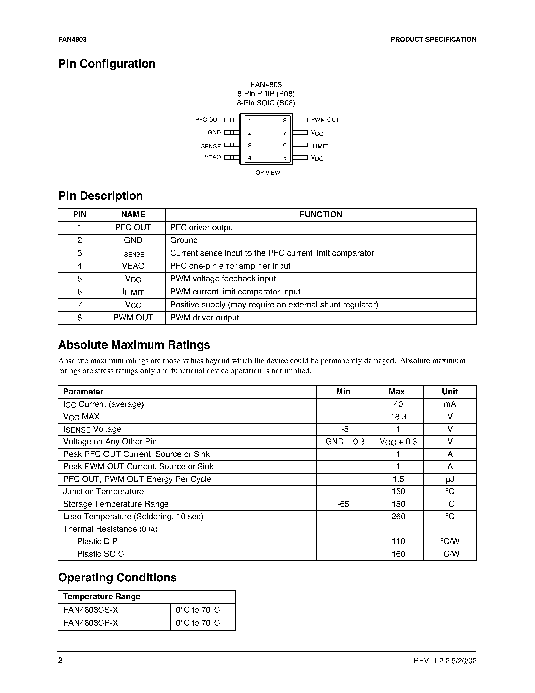 Даташит FAN4803 - 8-Pin PFC and PWM Controller Combo страница 2