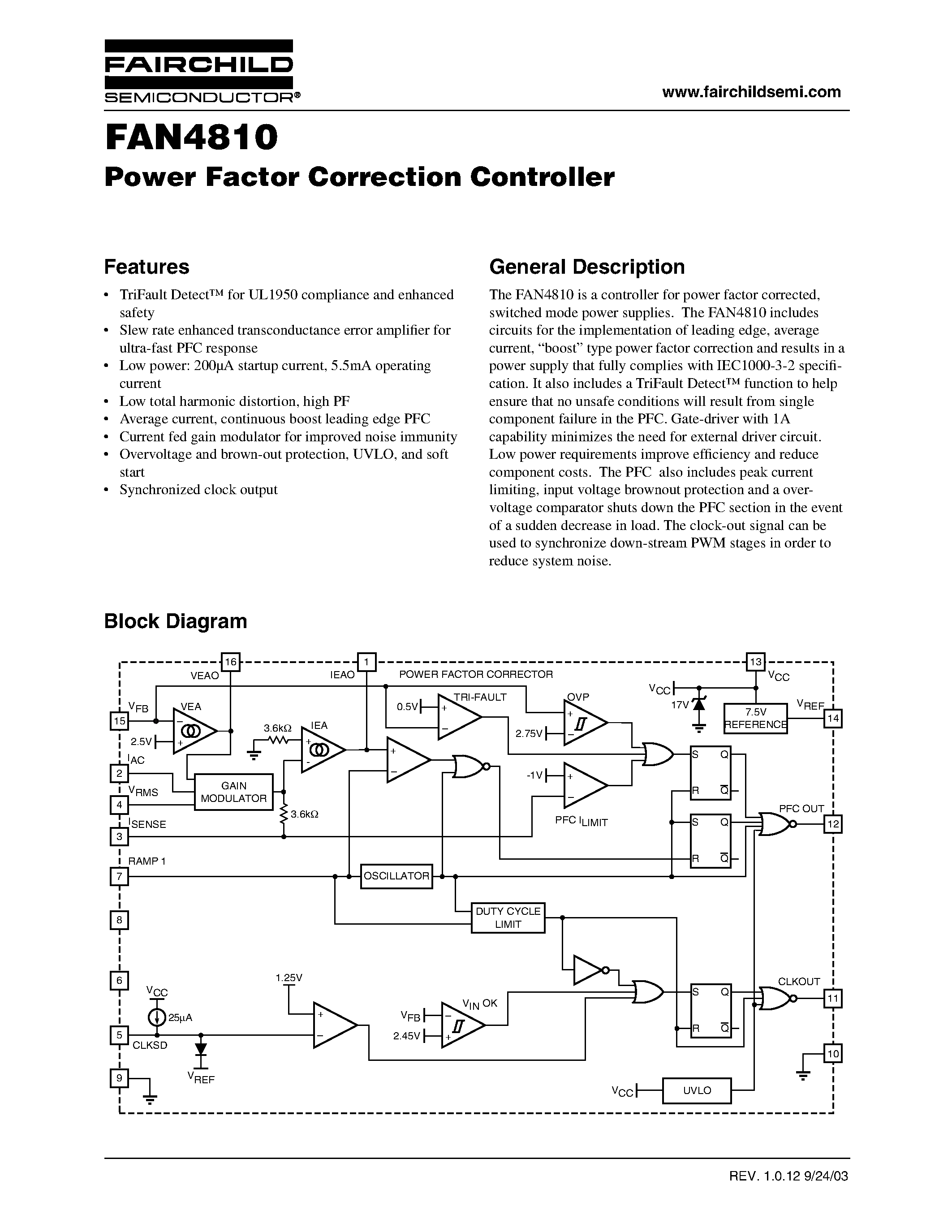 Даташит FAN4810 - Power Factor Correction Controller страница 1