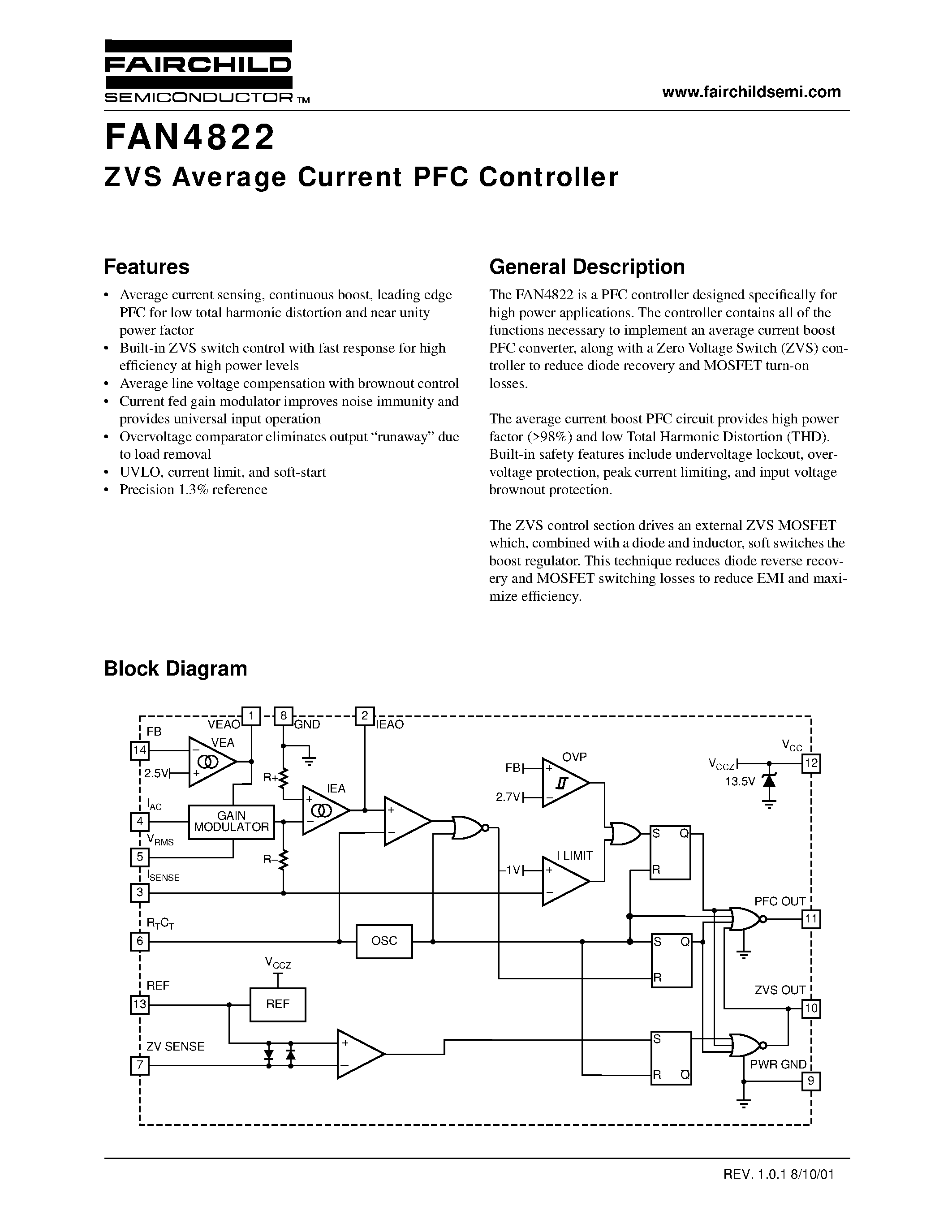 Даташит FAN4822 - ZVS Average Current PFC Controller страница 1