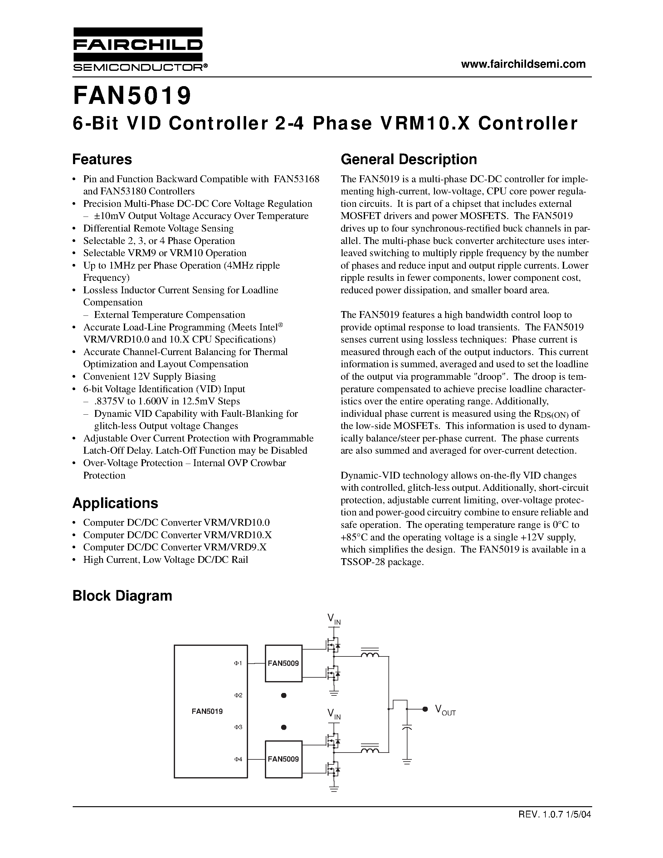 Даташит FAN5019MTCX - 6-Bit VID Controller 2-4 Phase VRM10.X Controller страница 1