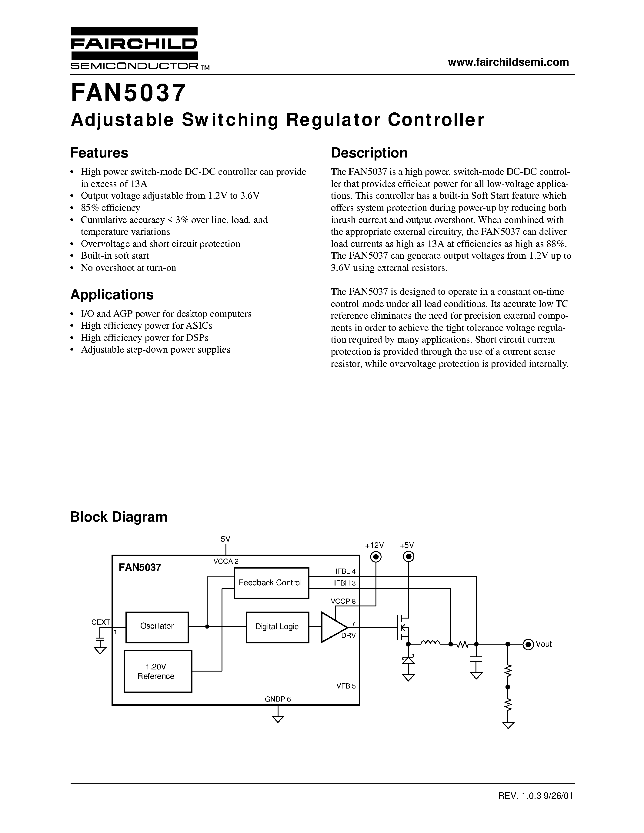 Даташит FAN5037 - Adjustable Switching Regulator Controller страница 1