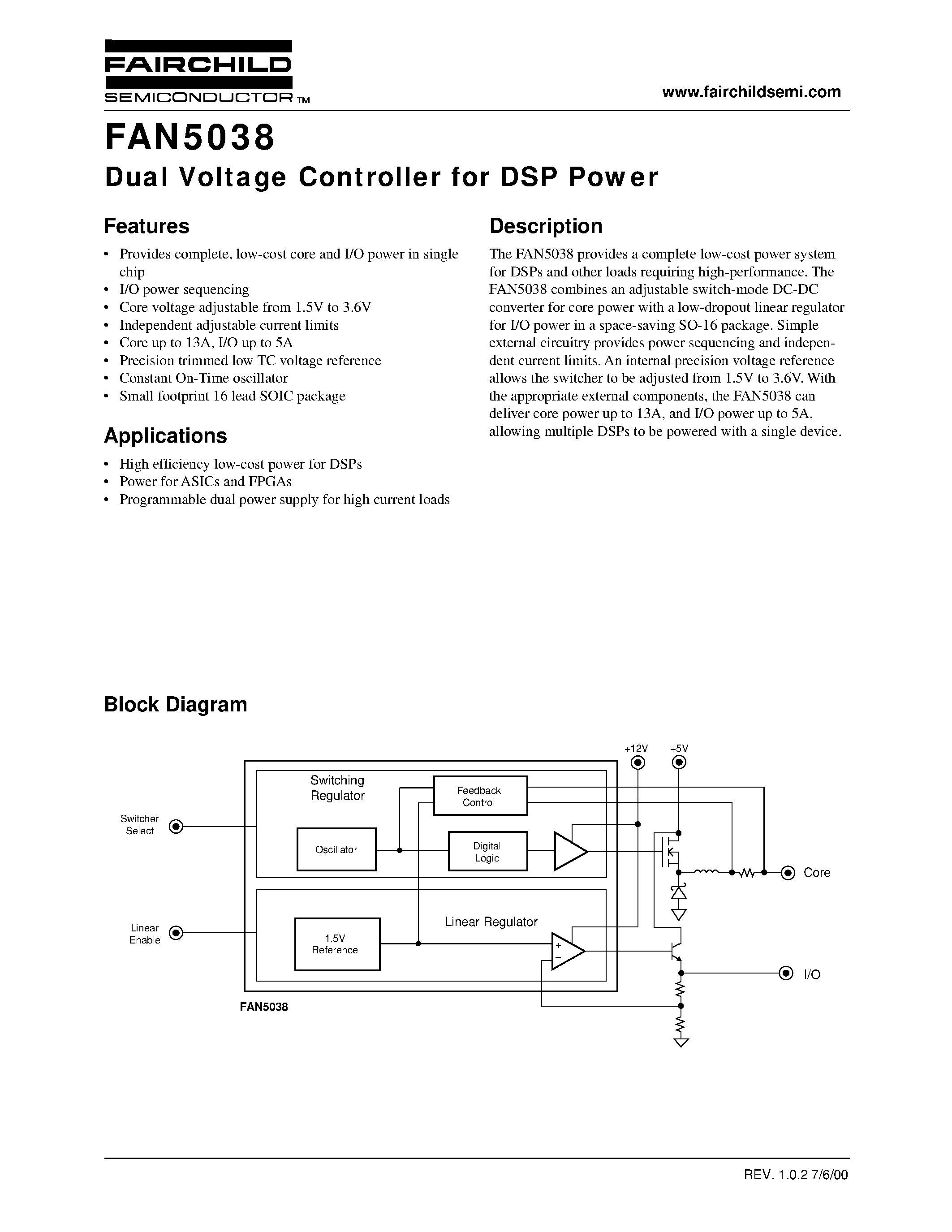 Даташит FAN5038 - Dual Voltage Controller for DSP Power страница 1