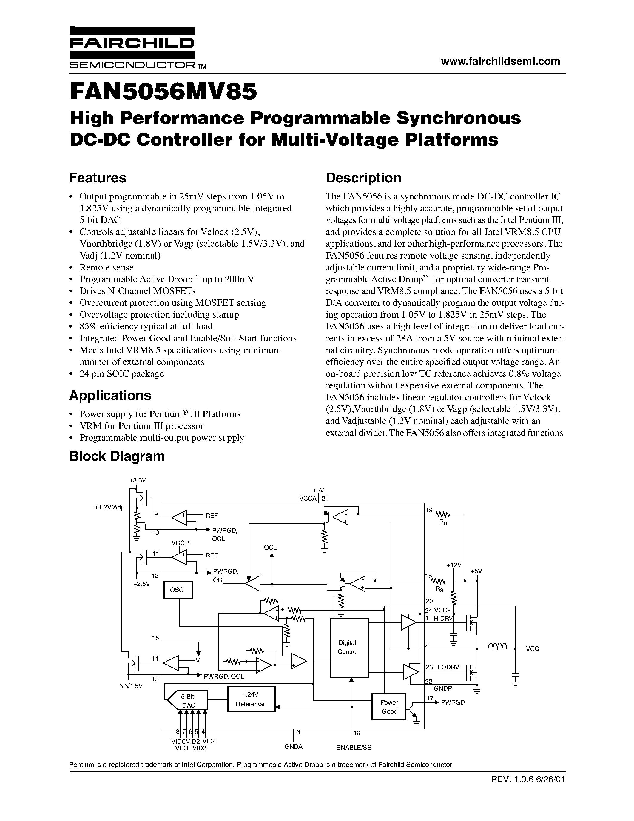 Даташит FAN5056MV85 - High Performance Programmable Synchronous DC-DC Controller for Multi-Voltage Platforms страница 1