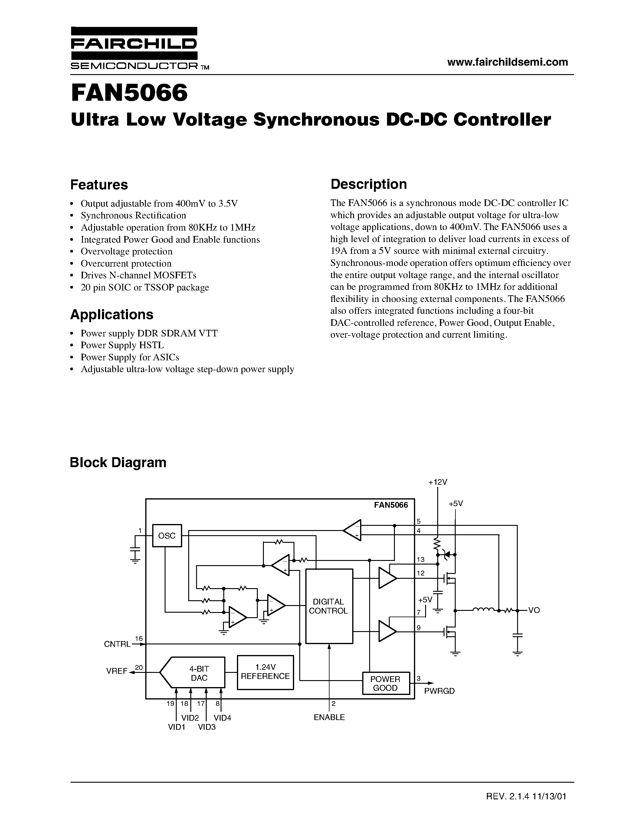 Даташит FAN5066 - Ultra Low Voltage Synchronous DC-DC Controller страница 1