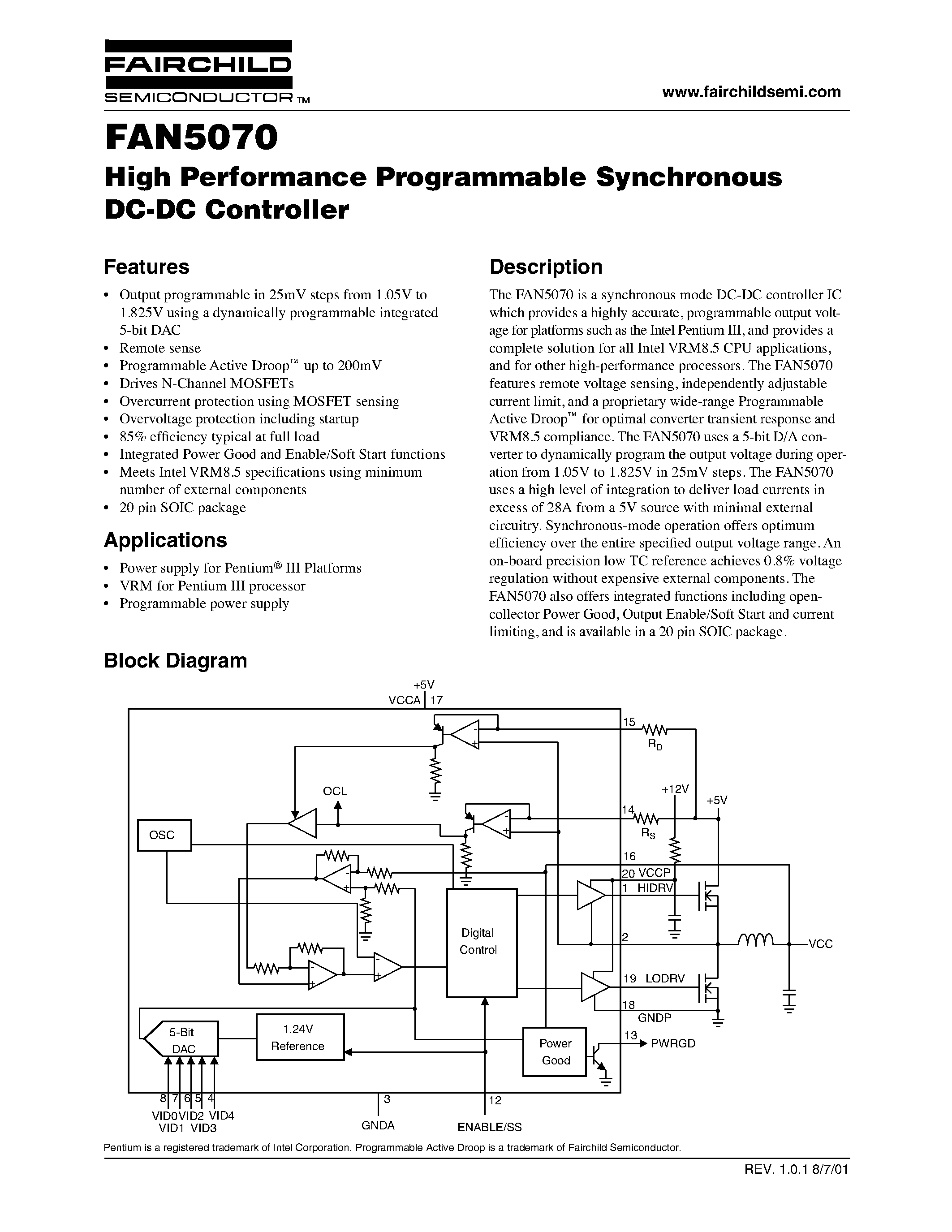 Даташит FAN5070 - High Performance Programmable Synchronous DC-DC Controller страница 1