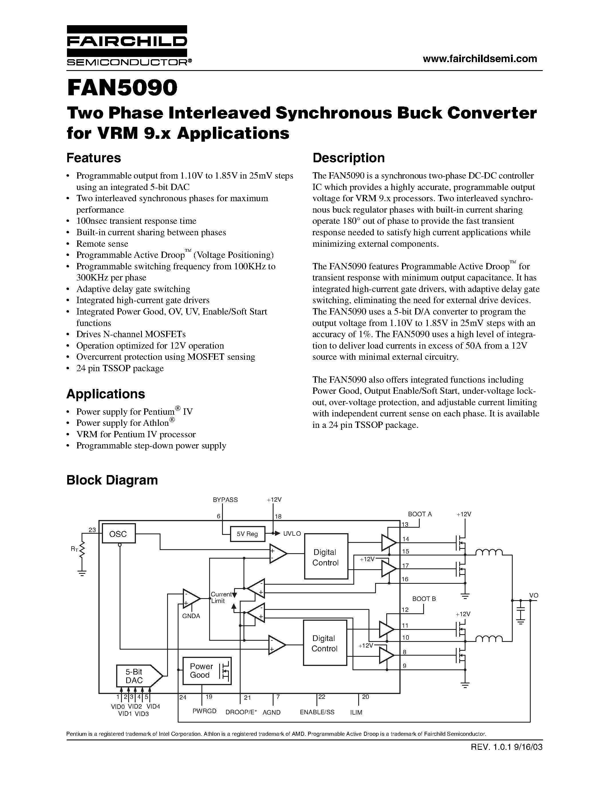 Даташит FAN5090 - Two Phase Interleaved Synchronous Buck Converter for VRM 9.x Applications страница 1