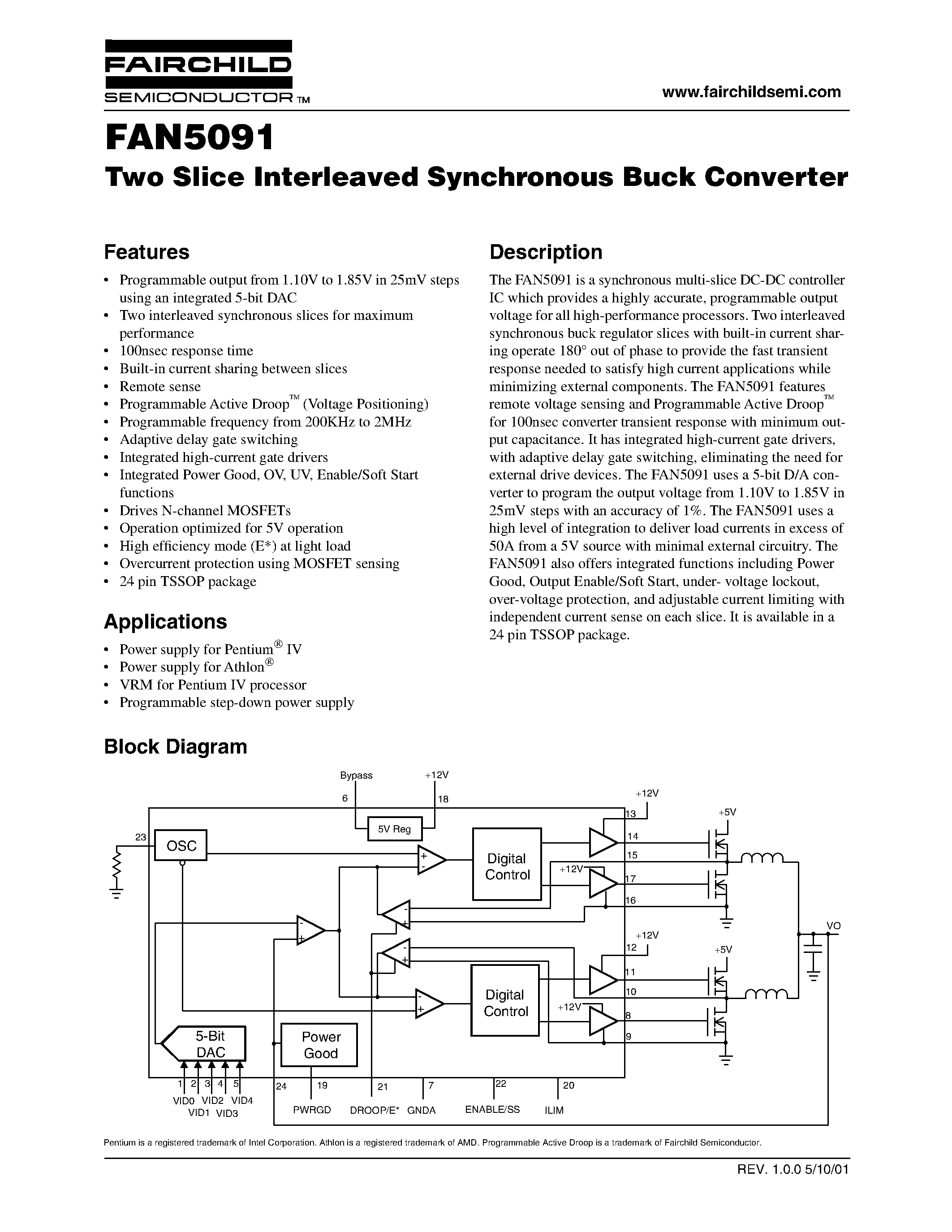 Даташит FAN5091 - Two Slice Interleaved Synchronous Buck Converter страница 1