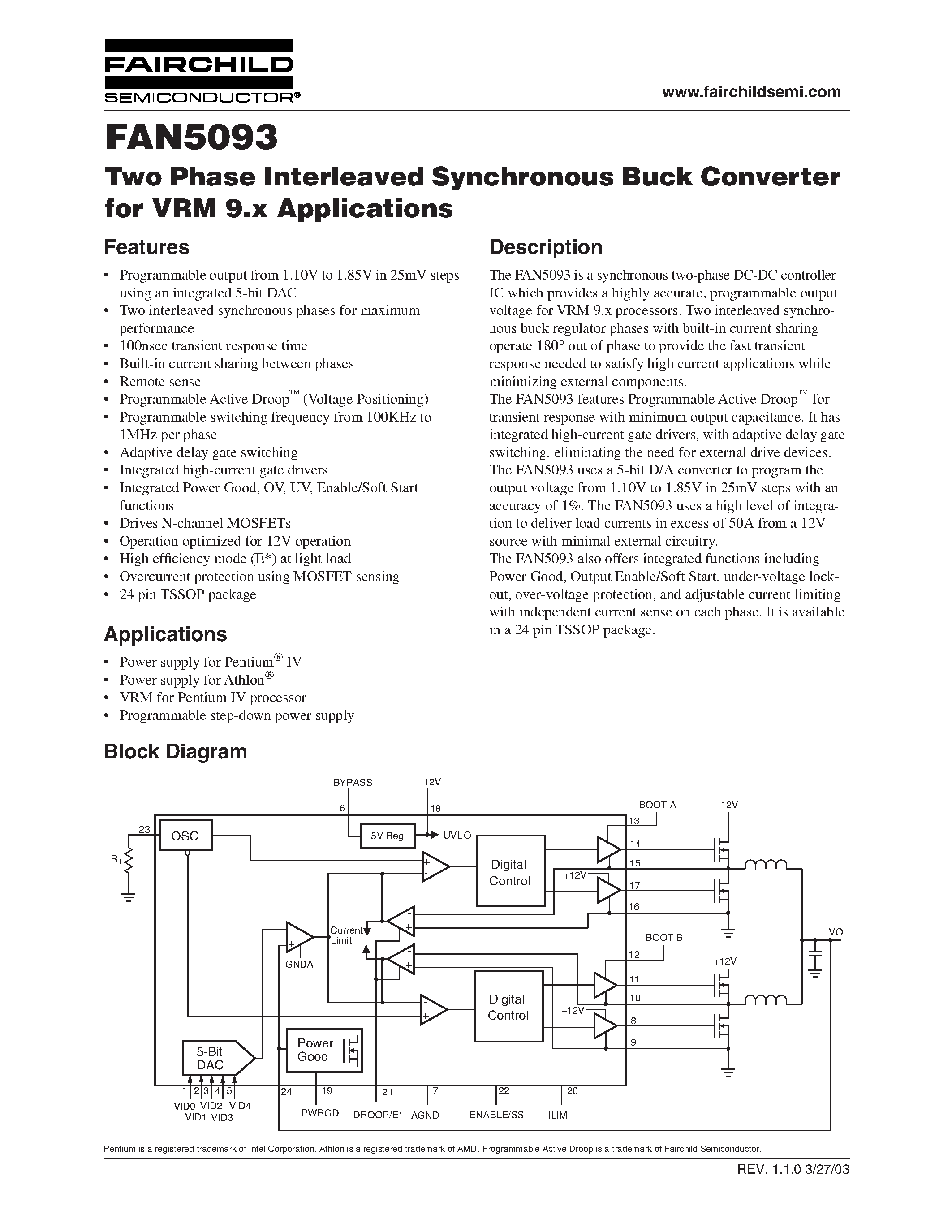 Даташит FAN5093 - Two Phase Interleaved Synchronous Buck Converter for VRM 9.x Applications страница 1