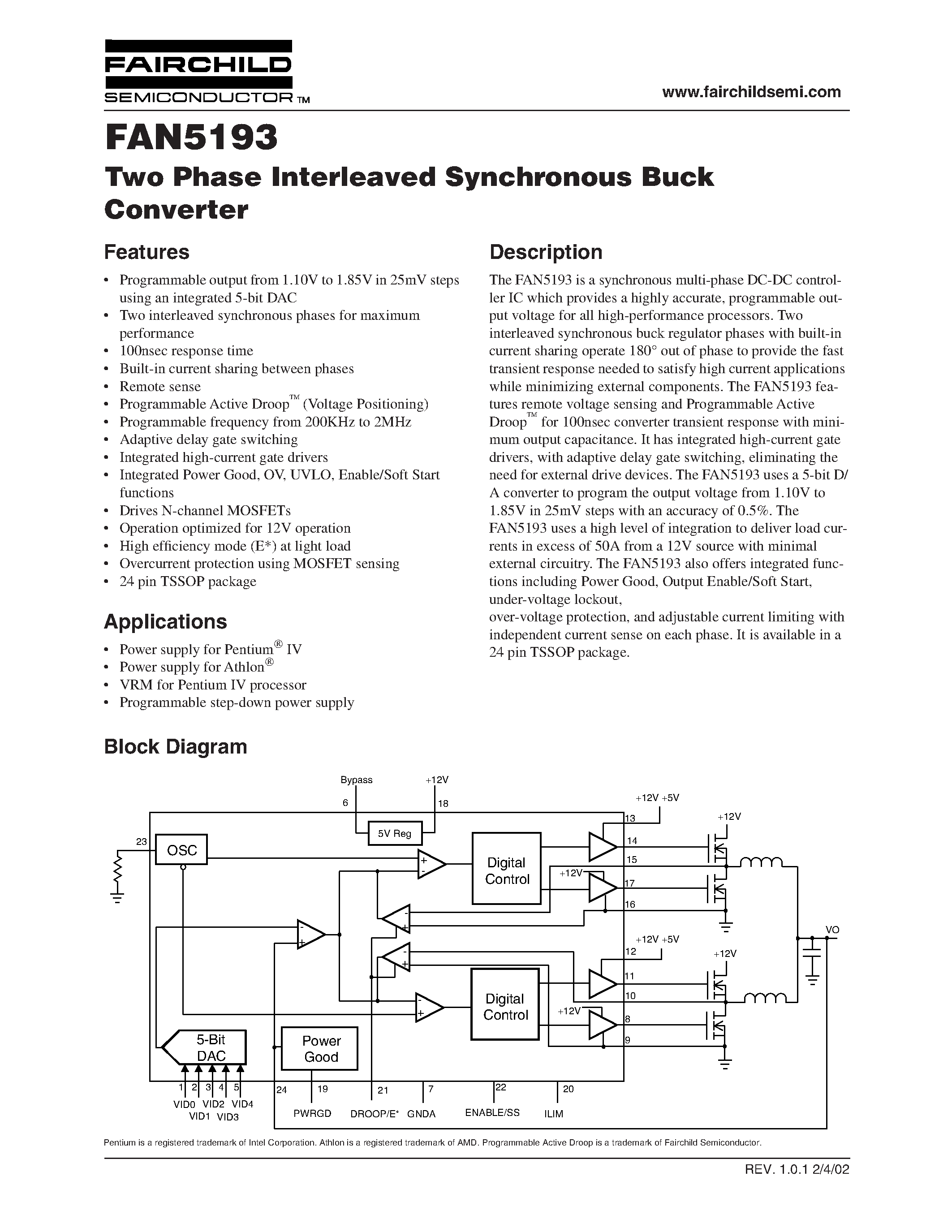 Даташит FAN5193 - Two Phase Interleaved Synchronous Buck Converter страница 1