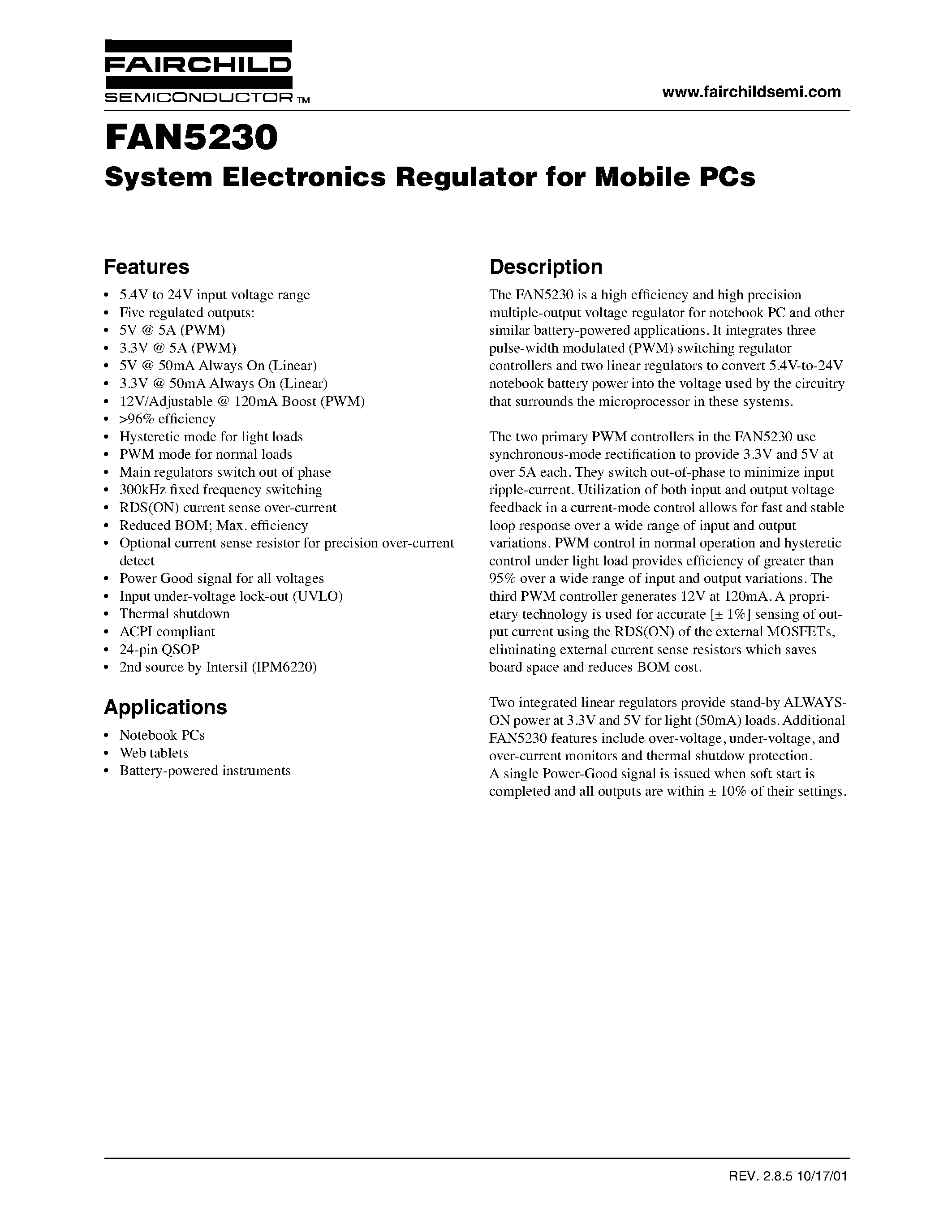 Даташит FAN5230 - System Electronics Regulator for Mobile PCs страница 1