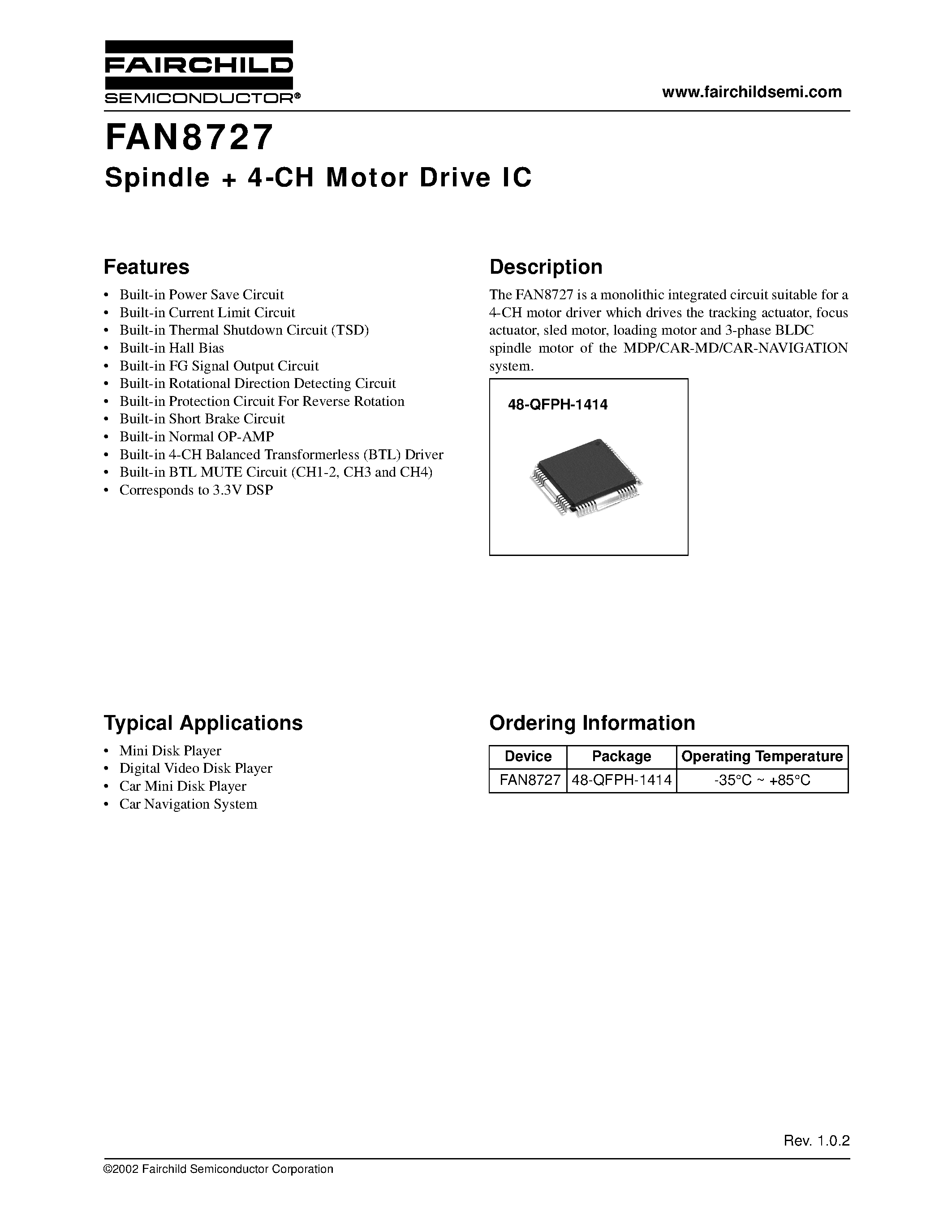 Даташит FAN8727 - Spindle + 4-CH Motor Drive IC страница 1