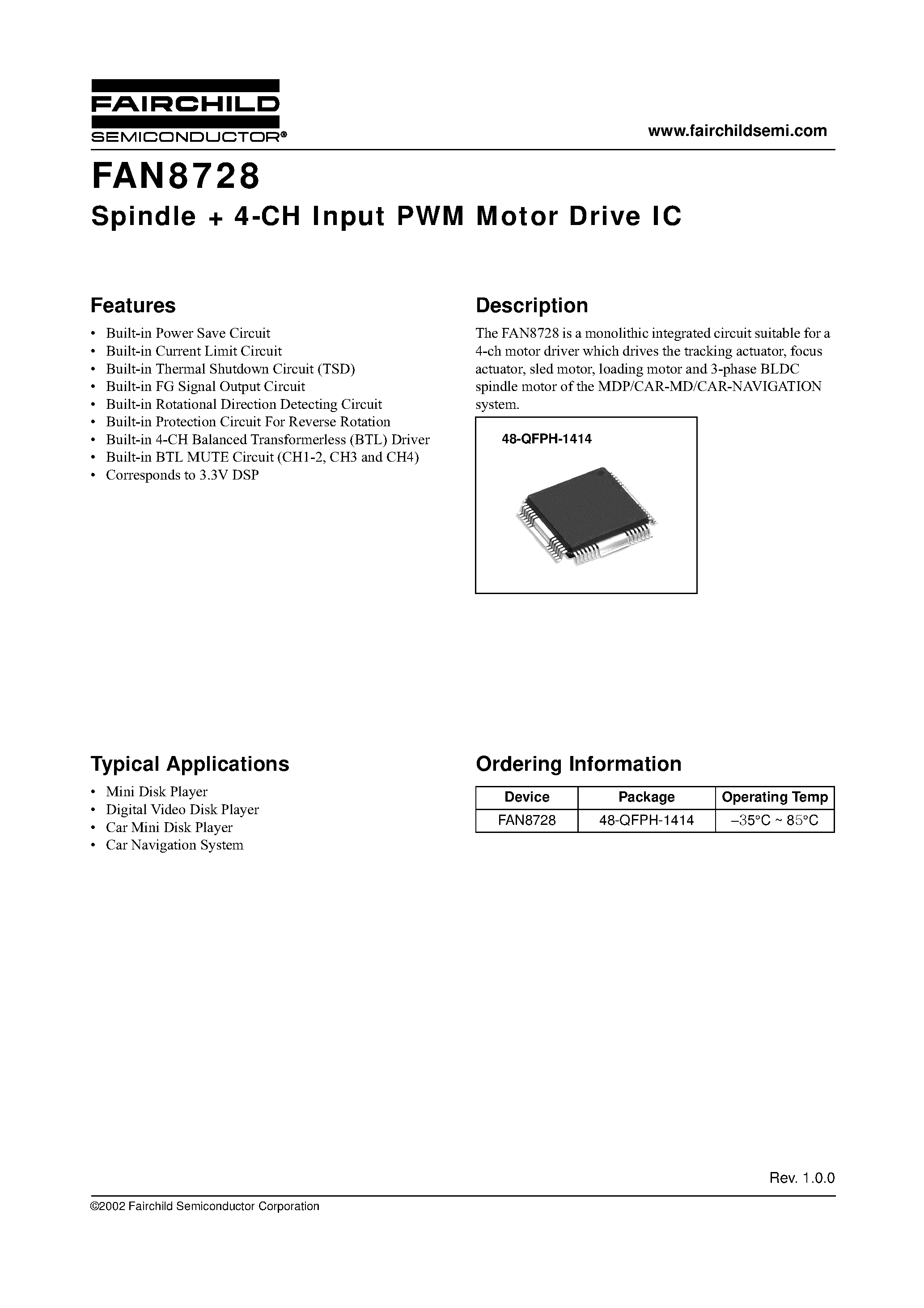 Даташит FAN8728 - Spindle + 4-CH Input PWM Motor Drive IC страница 1