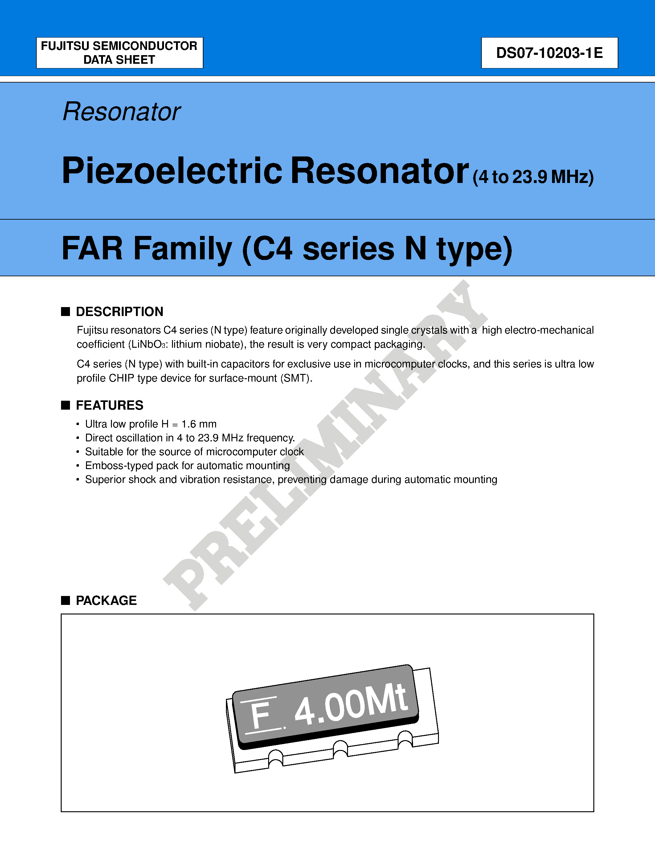 Datasheet FAR-C4CN-04915-M20-R - Piezoelectric Resonator (4 to 23.9 MHz) page 1