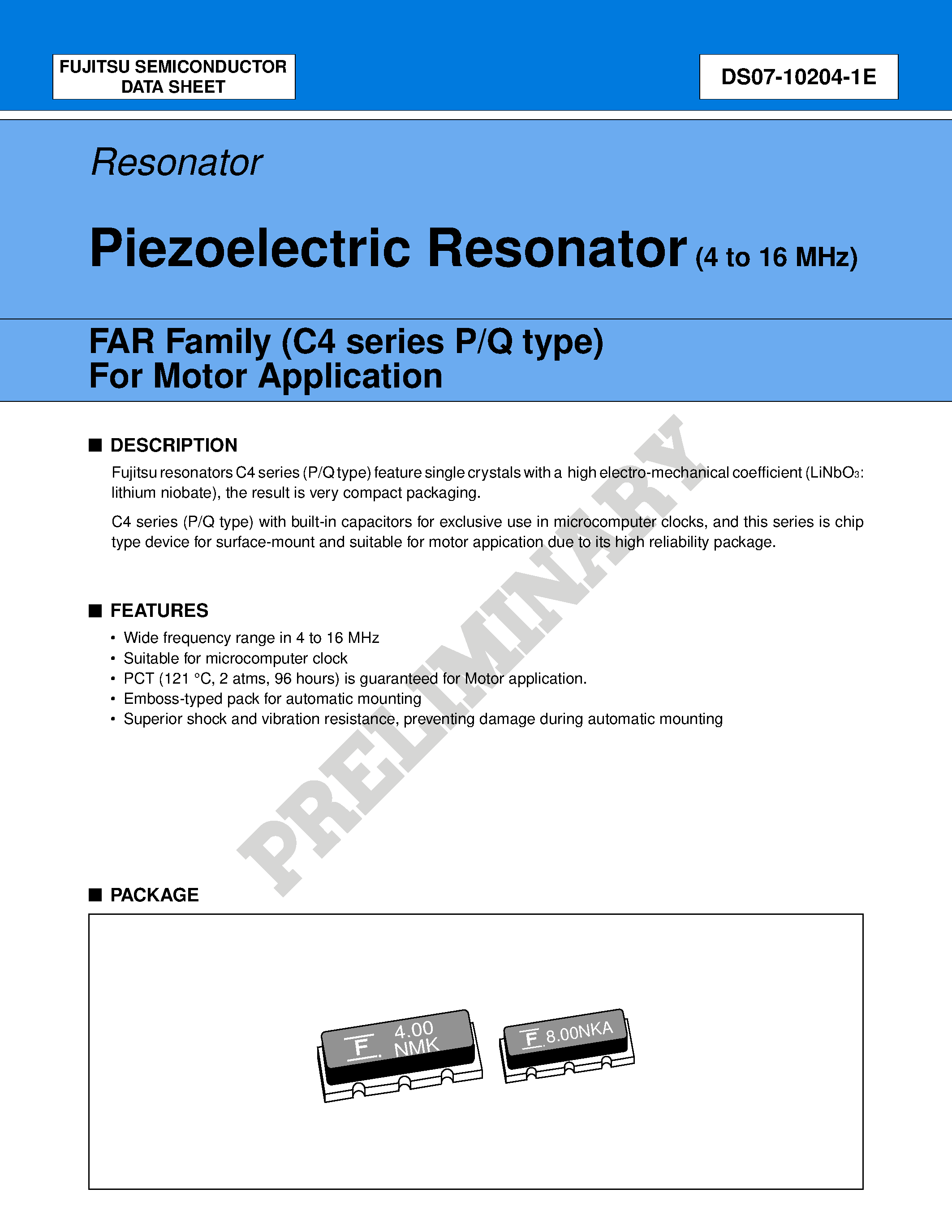 Даташит FAR-C4CP-04000-K02-R - Piezoelectric Resonator (4 to 16 MHz) страница 1