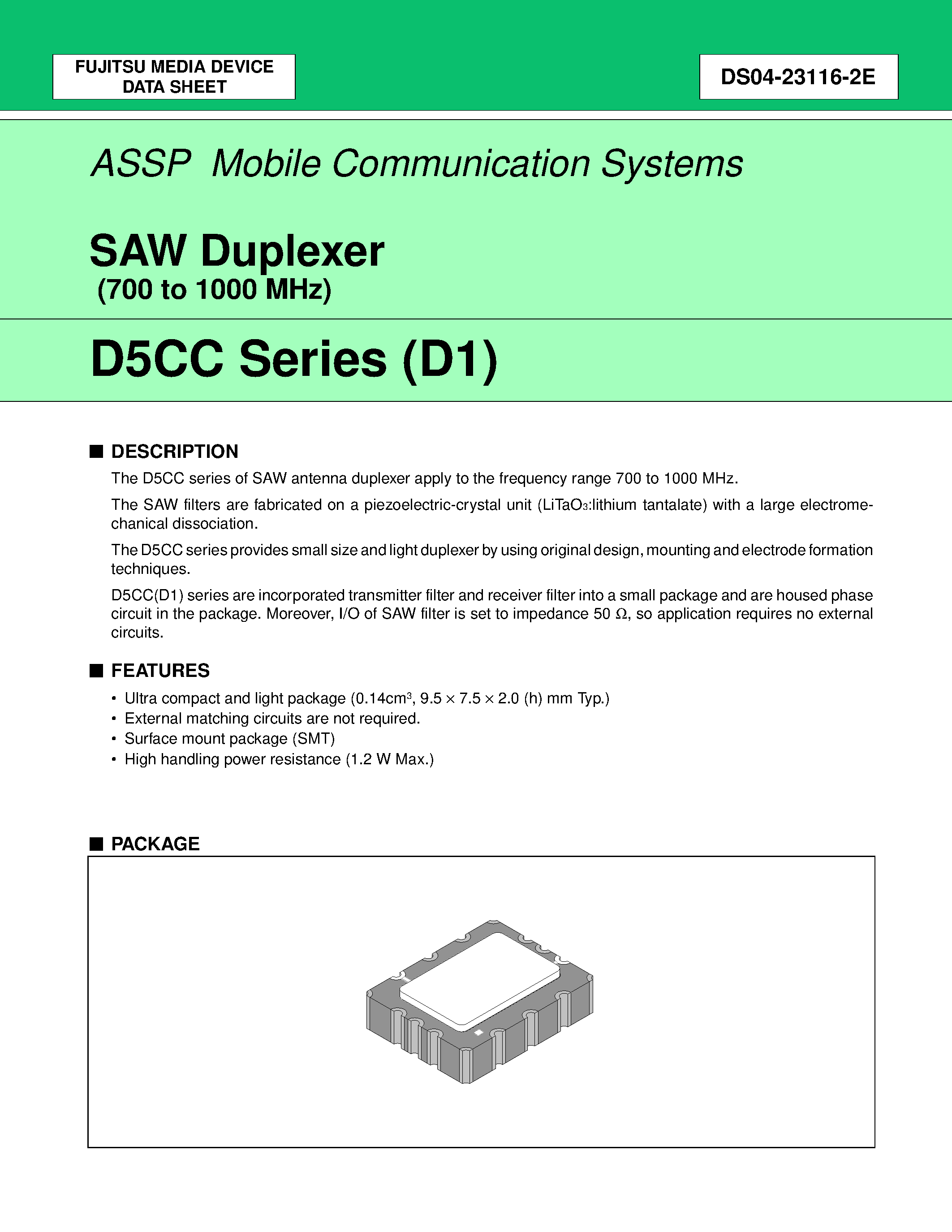 Даташит FAR-D5CC-881M50-D1C8-T - SAW Duplexer (700 to 1000 MHz) страница 1