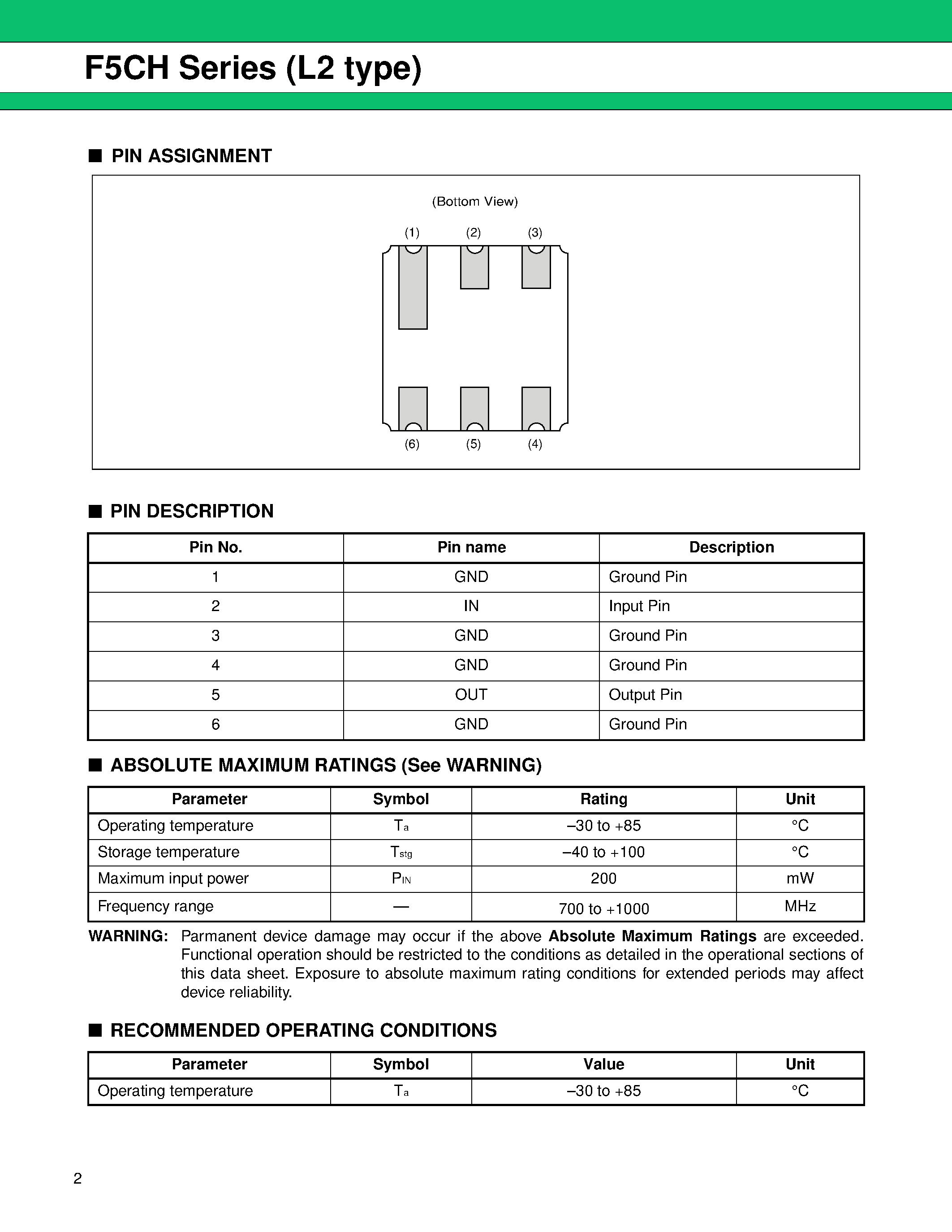 Даташит FAR-F5CH-820M00-L2FM-T - Piezoelectric SAW BPF (700 to 1000 MHz) страница 2