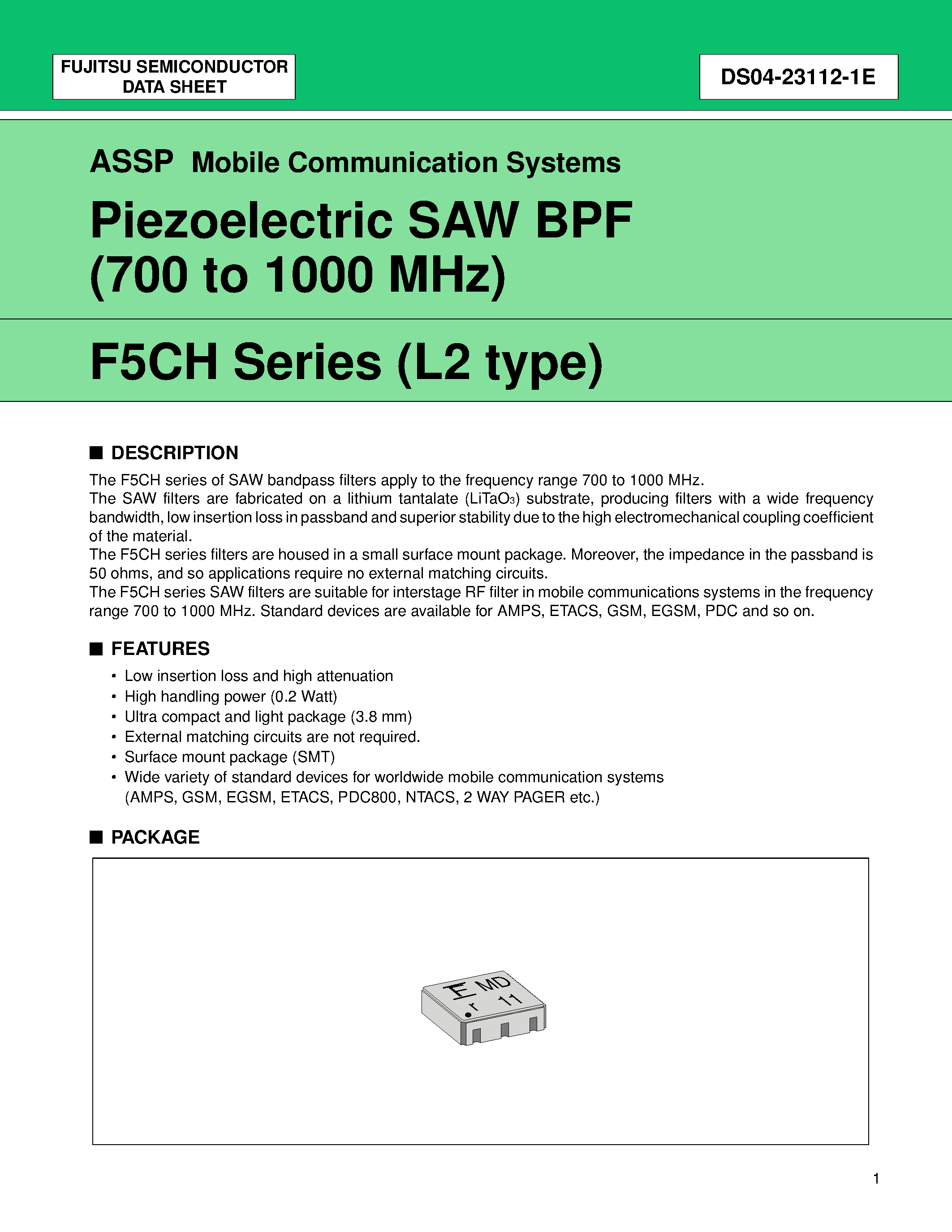 Datasheet FAR-F5CH-820M00-L2FV-R - Piezoelectric SAW BPF (700 to 1000 MHz) page 1