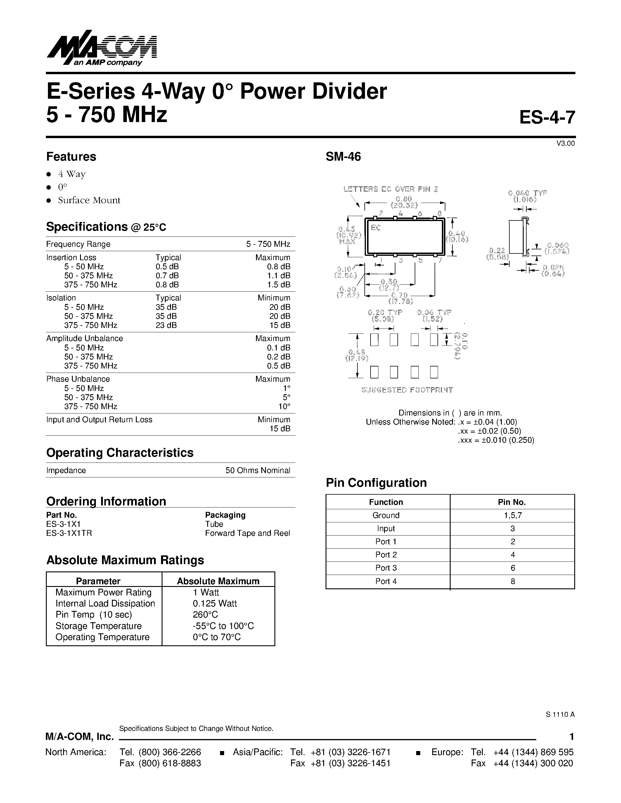 Datasheet ES-3-1X1 - E-Series 4-Way 0 Power Divider 5 - 750 MHz page 1