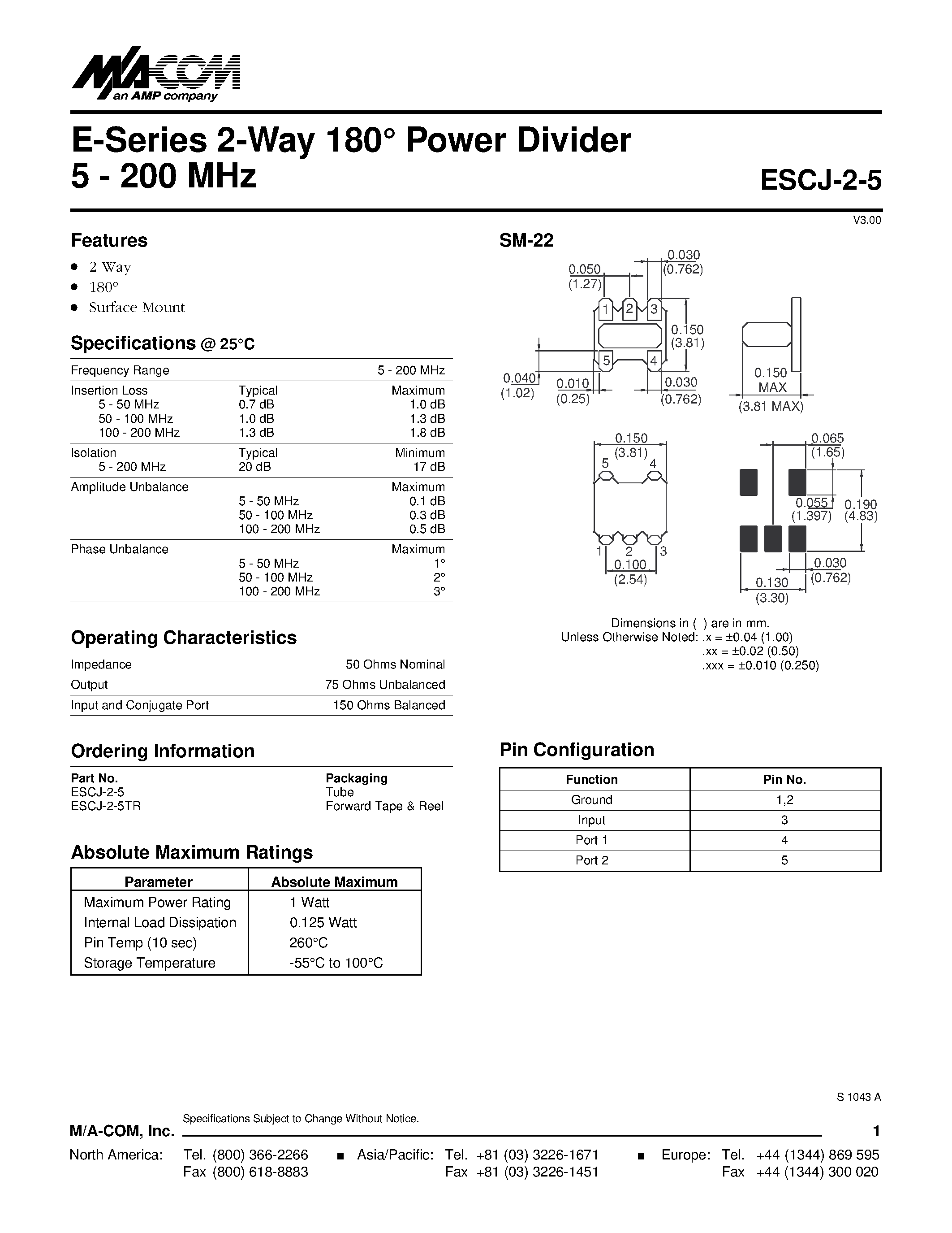 Datasheet ESCJ-2-5TR - E-Series 2-Way 180 Power Divider 5 - 200 MHz page 1