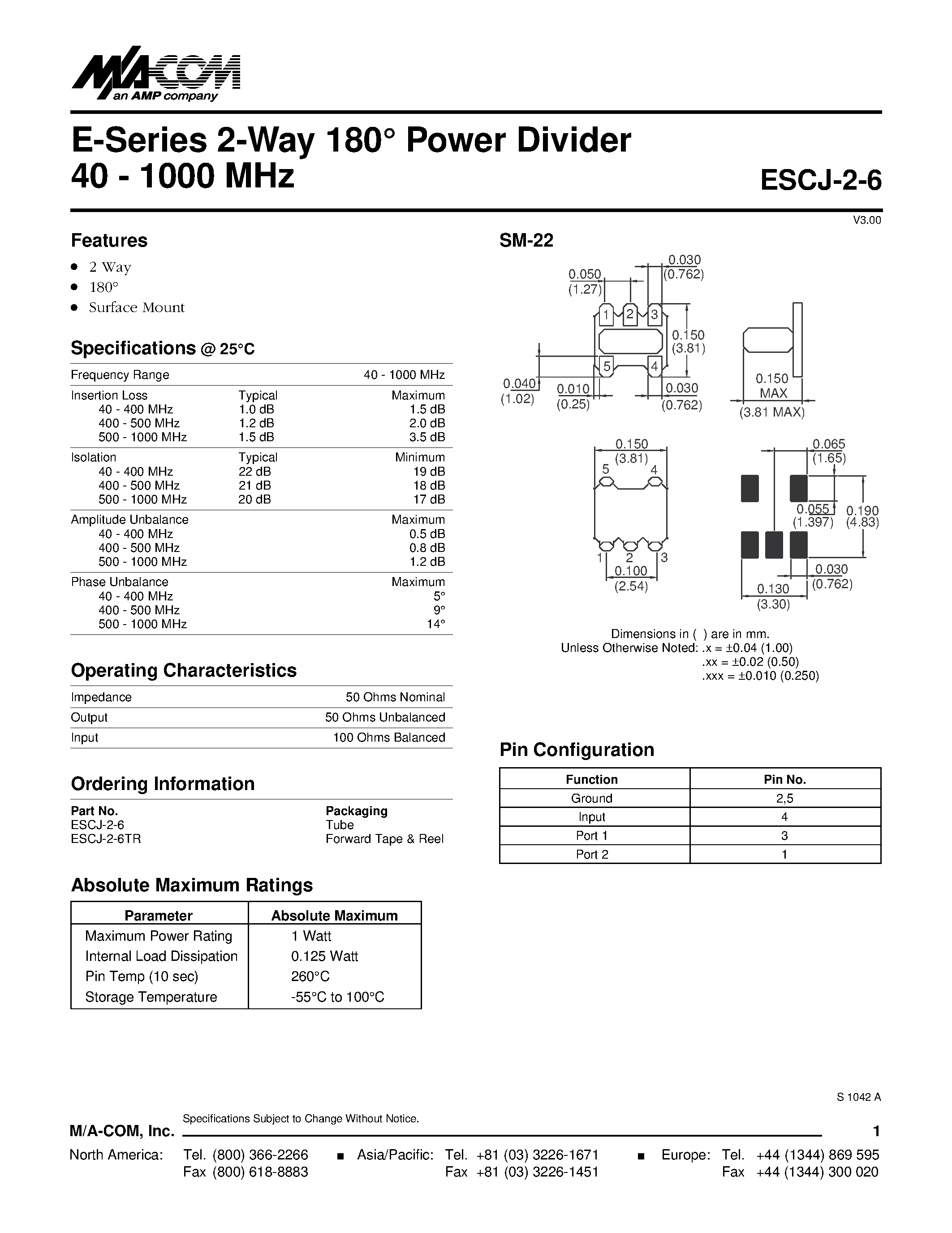 Datasheet ESCJ-2-6 - E-Series 2-Way 180 Power Divider 40 - 1000 MHz page 1