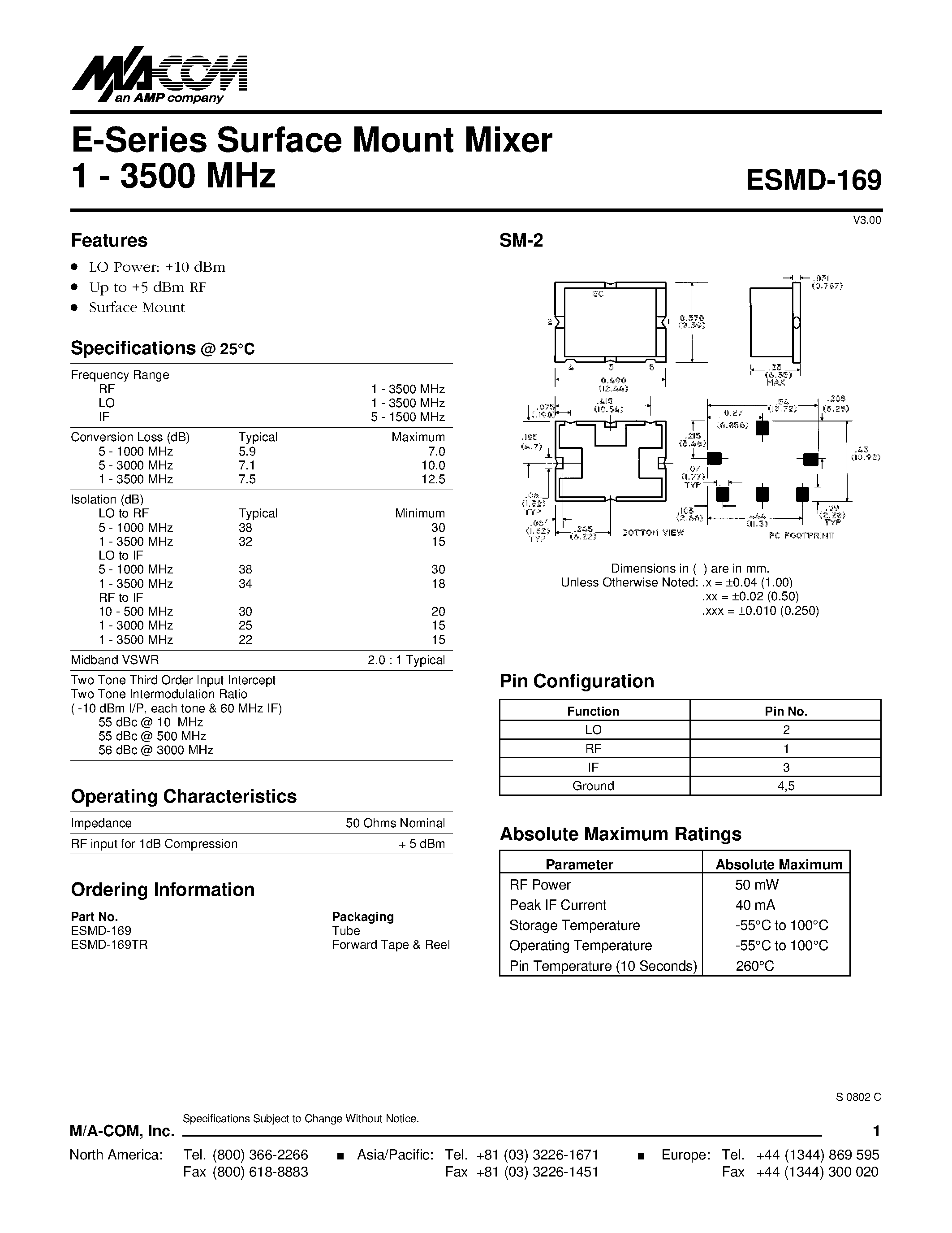 Datasheet ESMD-169 - E-Series Surface Mount Mixer 1 - 3500 MHz page 1