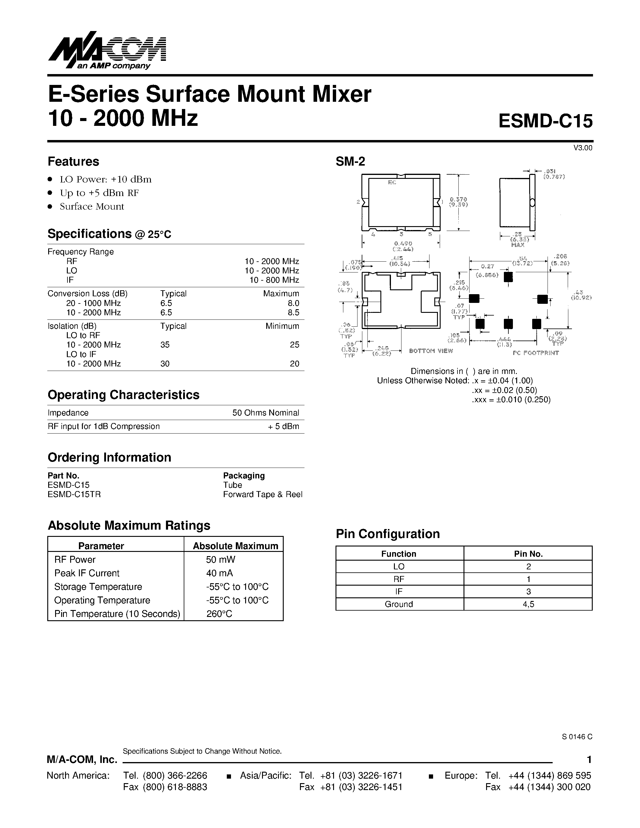 Datasheet ESMD-C15 - E-Series Surface Mount Mixer 10 - 2000 MHz page 1