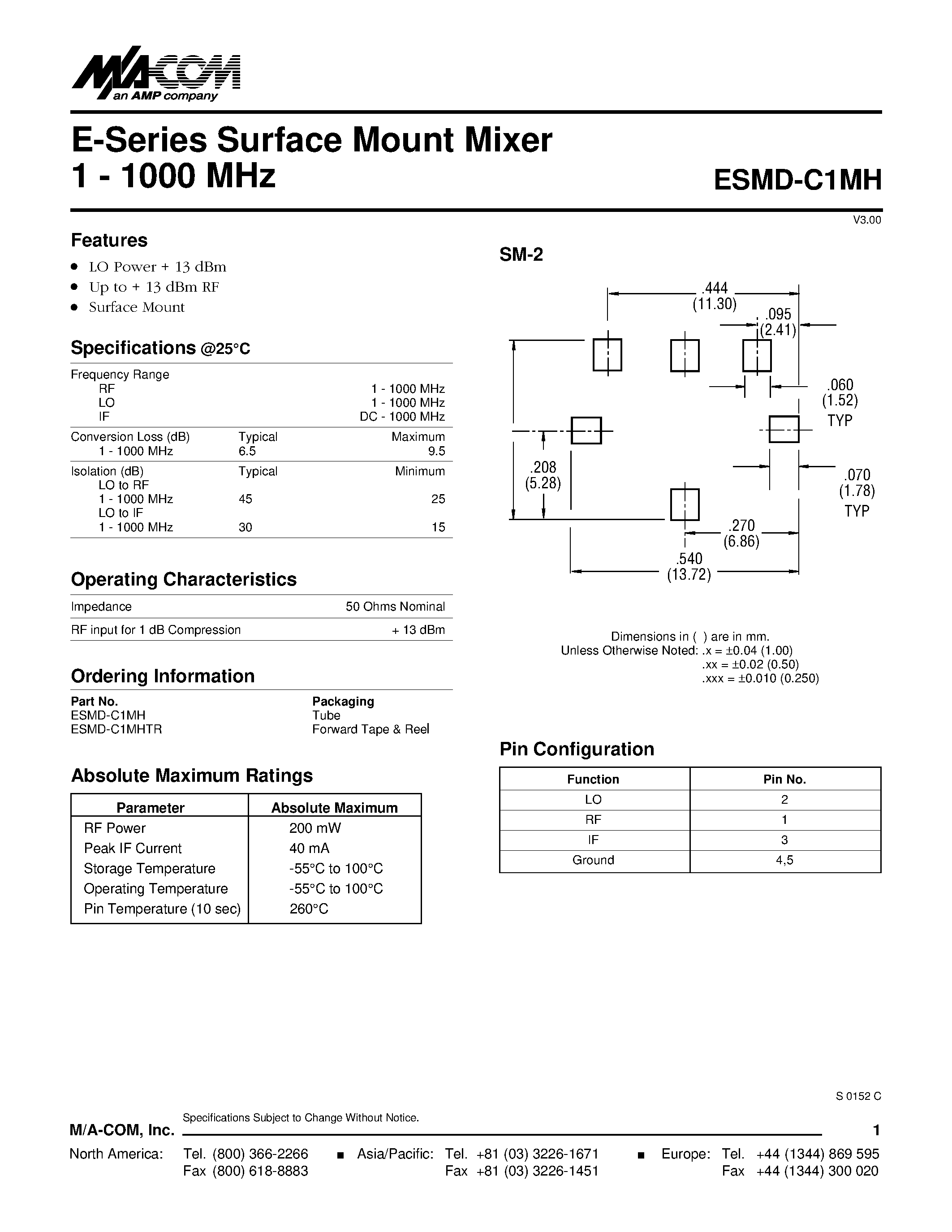 Datasheet ESMD-C1MH - E-Series Surface Mount Mixer 1 - 1000 MHz page 1