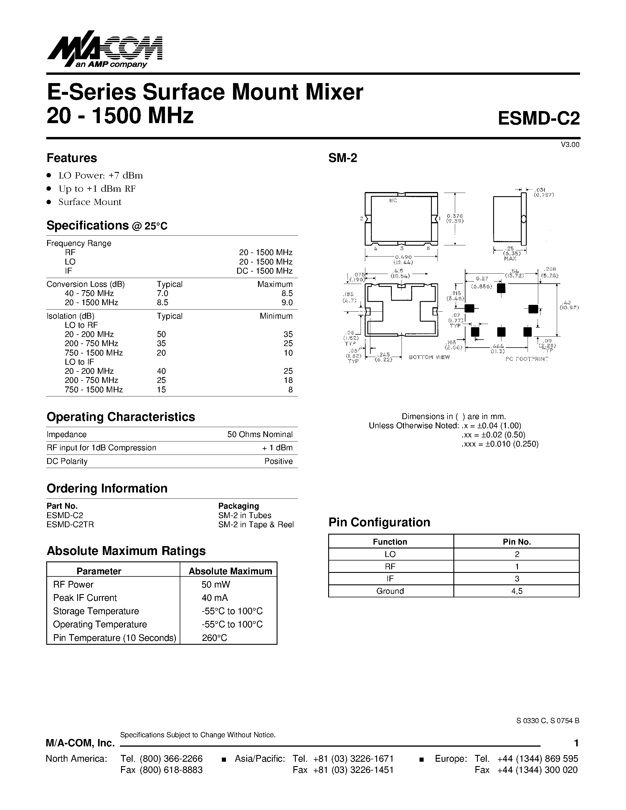 Datasheet ESMD-C2 - E-Series Surface Mount Mixer 20 - 1500 MHz page 1