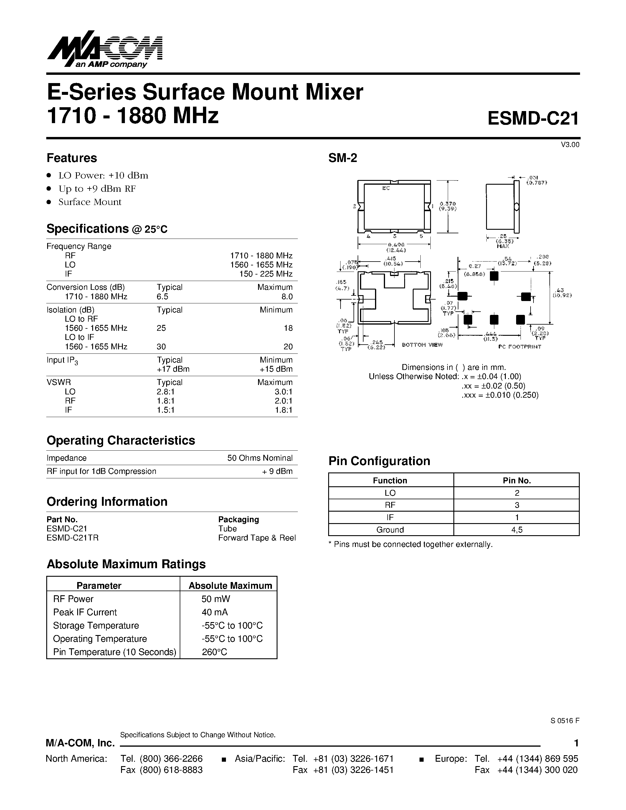 Datasheet ESMD-C21 - E-Series Surface Mount Mixer 1710 - 1880 MHz page 1