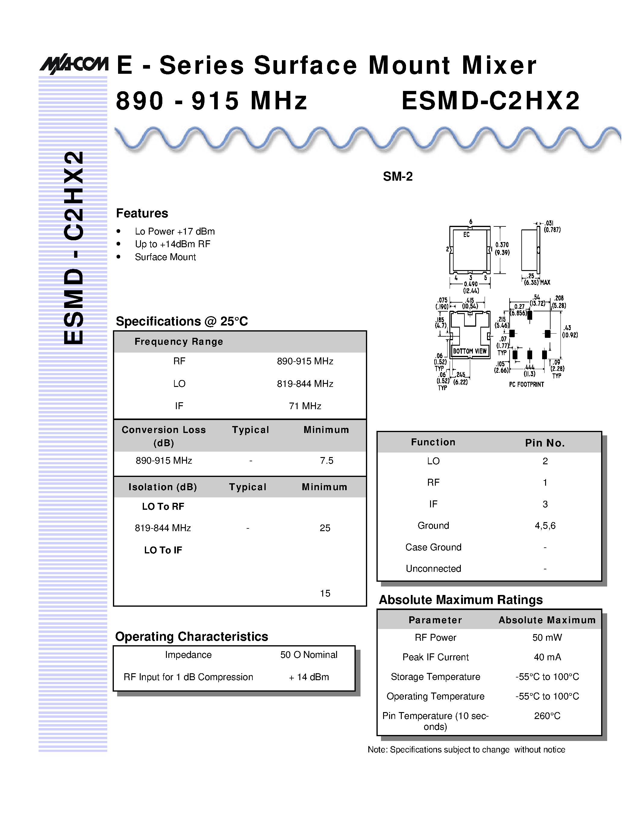 Datasheet ESMD-C2HX2 - E - Series Surface Mount Mixer 890 - 915 MHz page 1