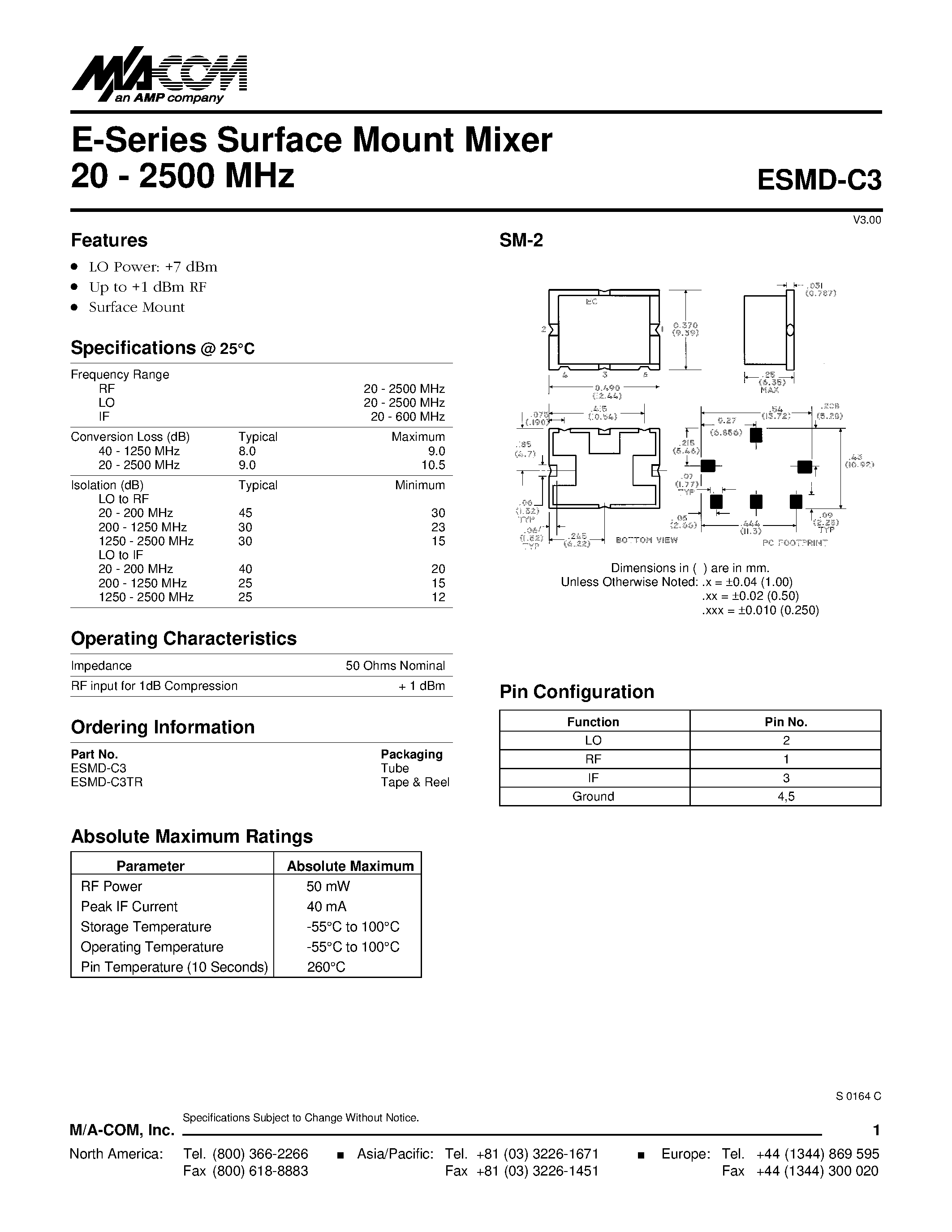 Datasheet ESMD-C3TR - E-Series Surface Mount Mixer 20 - 2500 MHz page 1