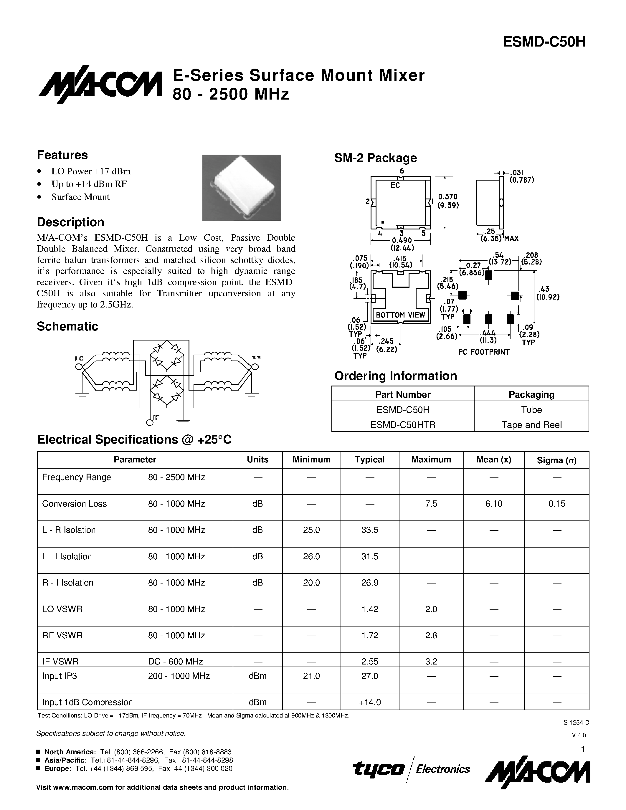 Datasheet ESMD-C50H - E-Series Surface Mount Mixer 80 - 2500 MHz page 1