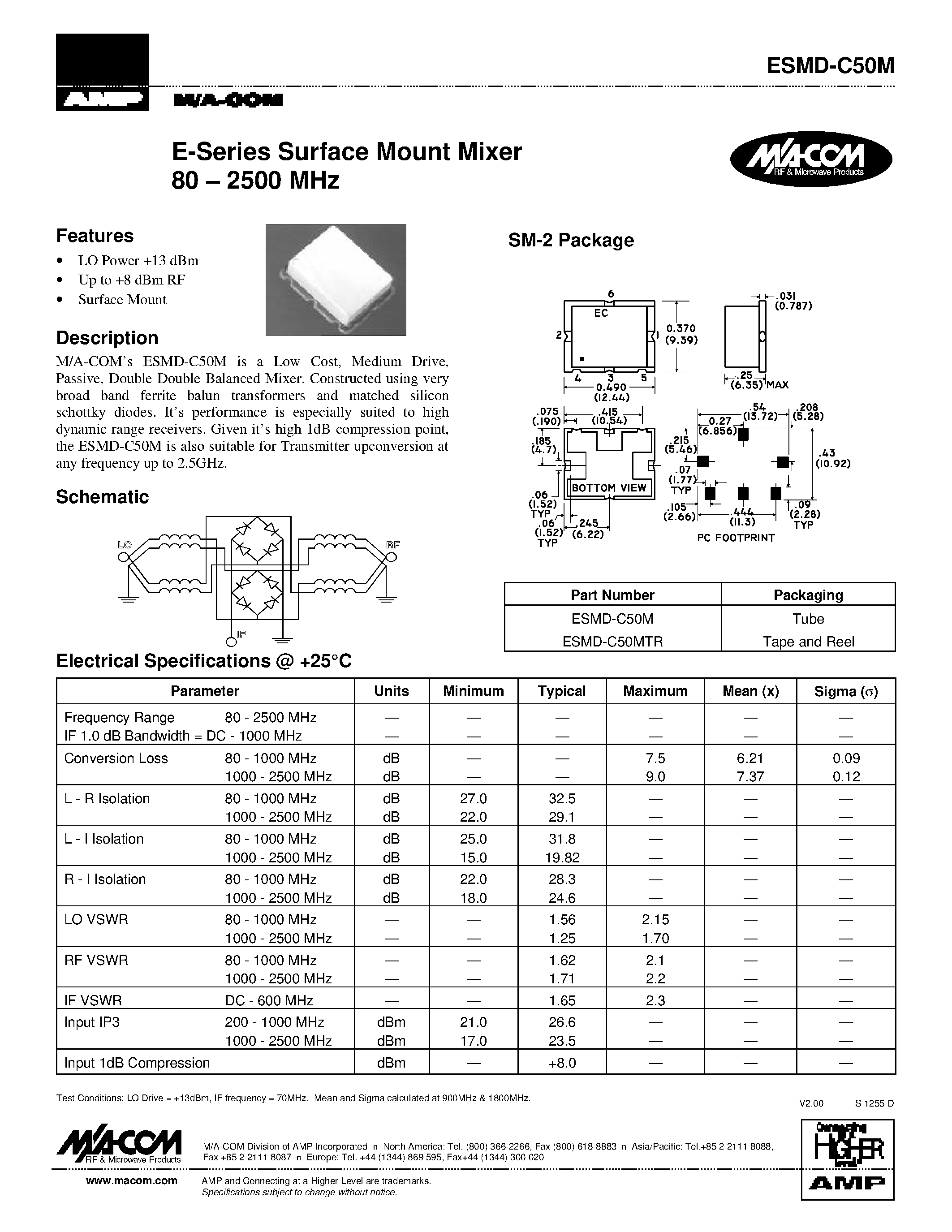 Datasheet ESMD-C50MTR - E-Series Surface Mount Mixer 80 . 2500 MHz page 1