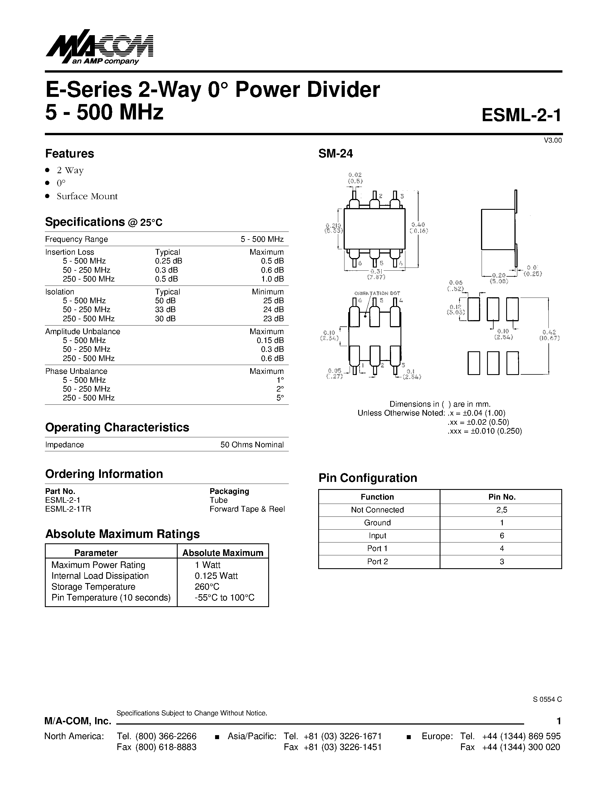 Datasheet ESML-2-1 - E-Series 2-Way 0 Power Divider 5 - 500 MHz page 1