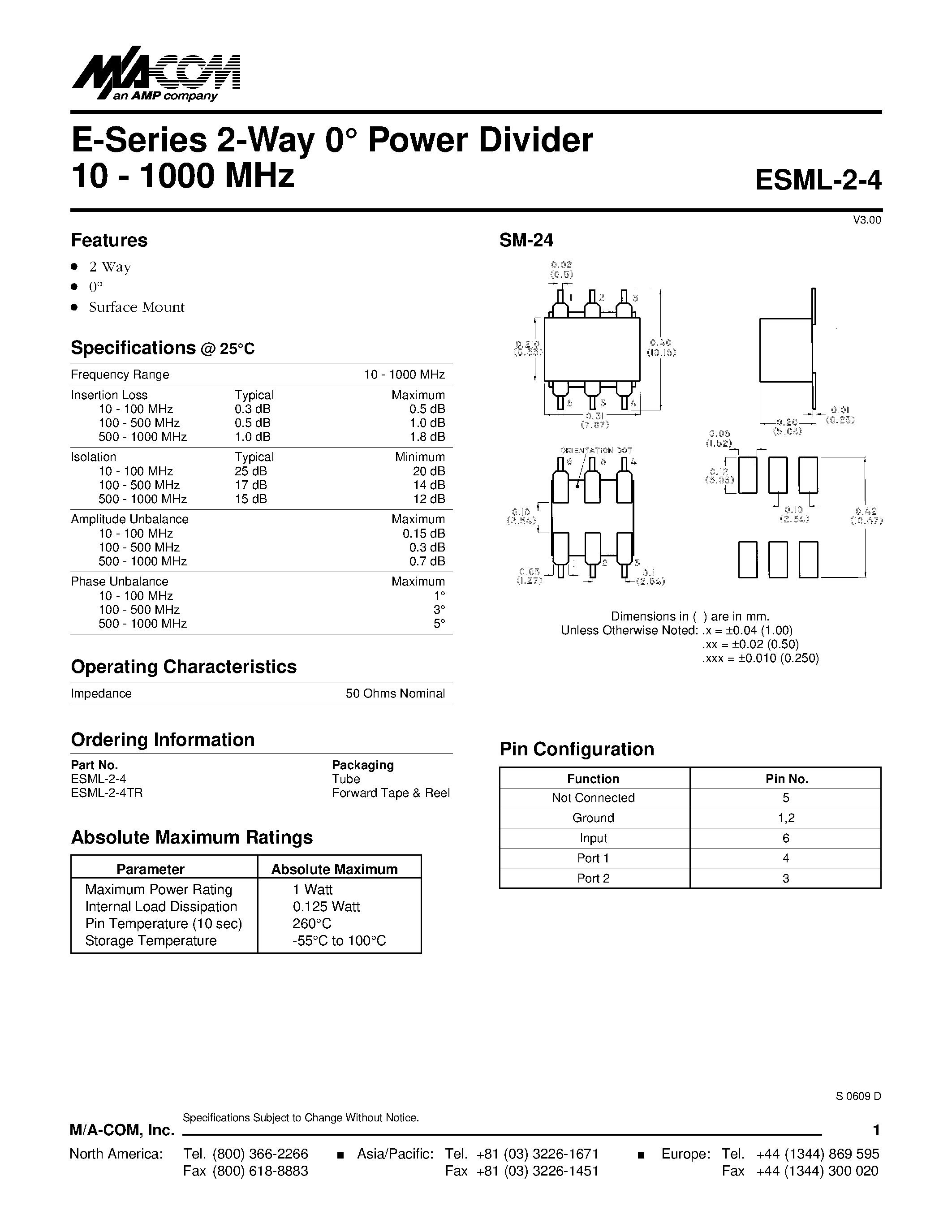 Datasheet ESML-2-4 - E-Series 2-Way 0 Power Divider 10 - 1000 MHz page 1