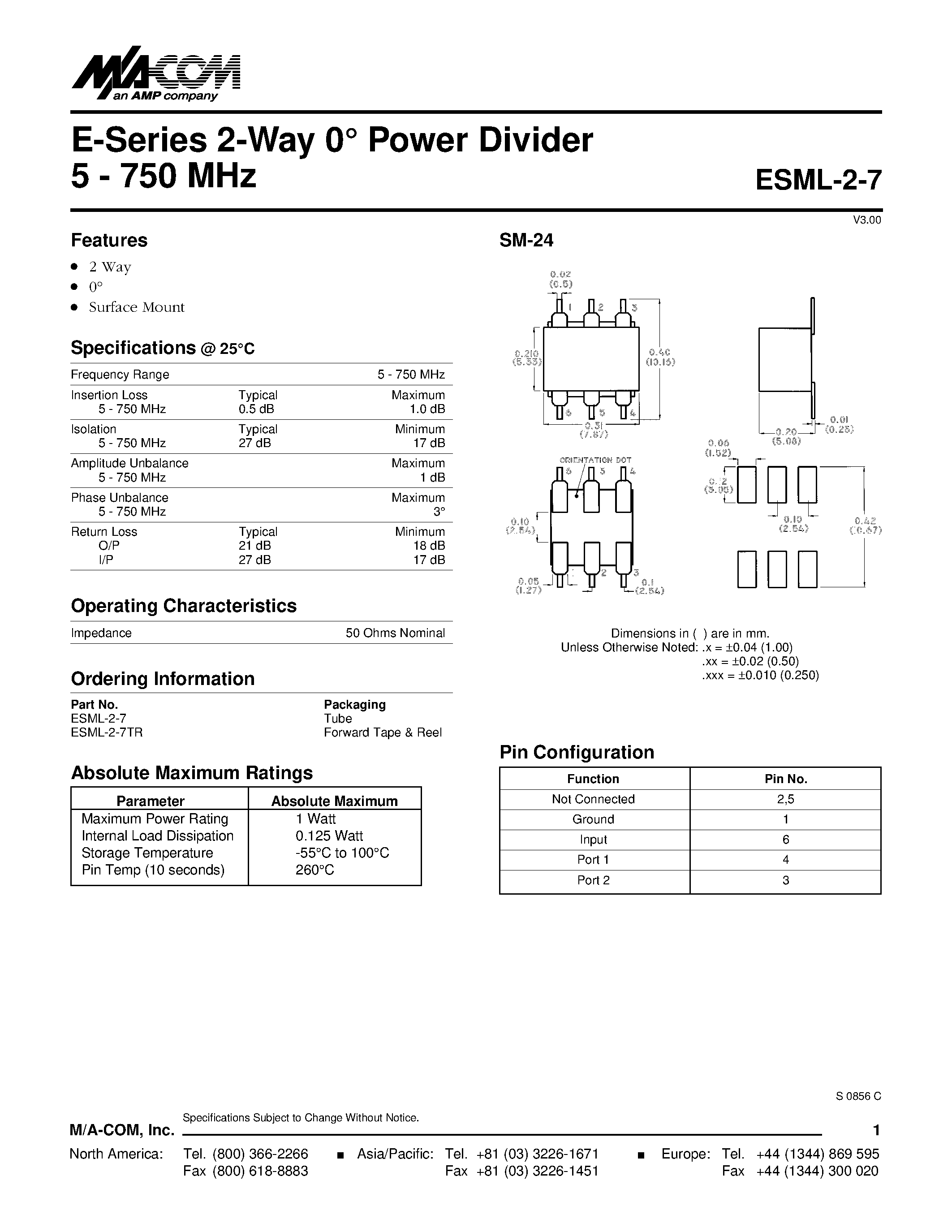 Datasheet ESML-2-7 - E-Series 2-Way 0 Power Divider 5 - 750 MHz page 1