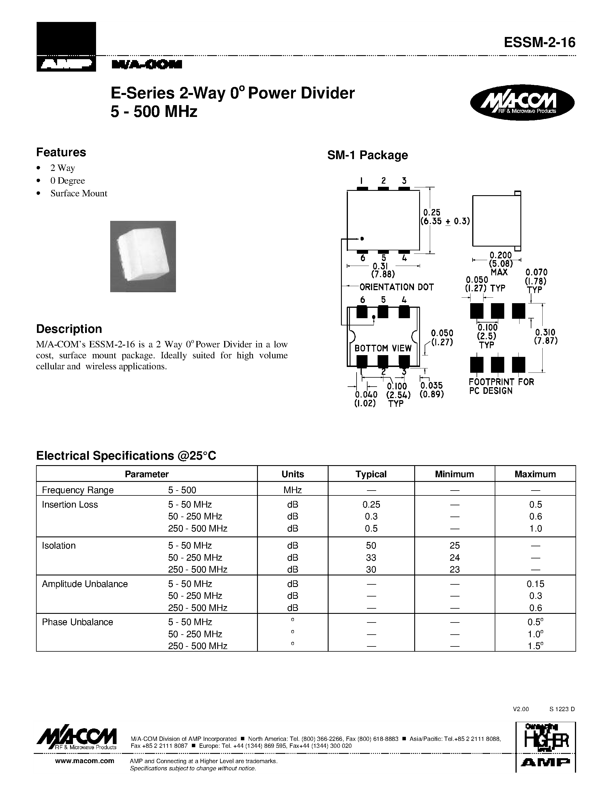 Datasheet ESSM-2-16 - E-Series 2-Way 0 Power Divider 5 - 500 MHz page 1