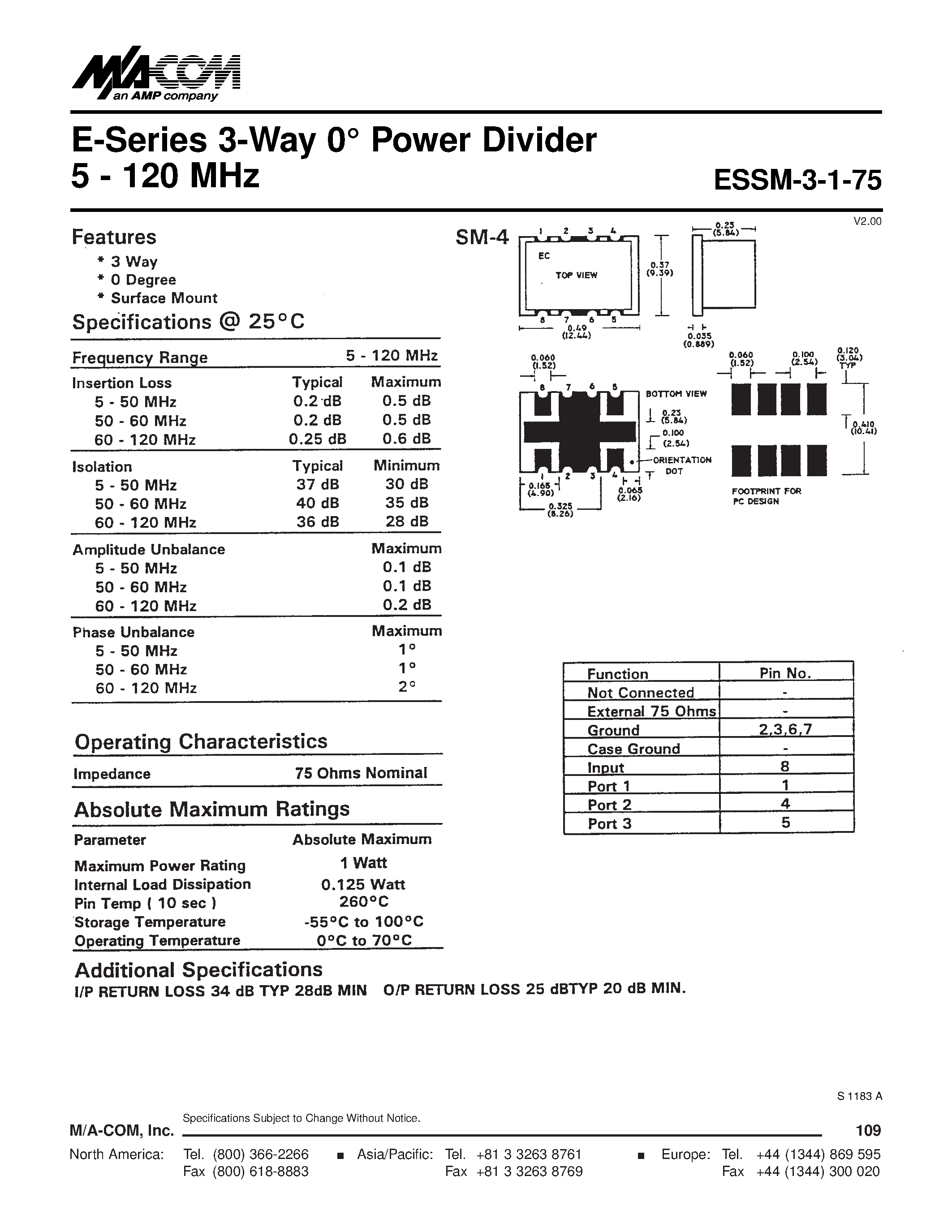 Даташит ESSM-3-1-75 - E-Series 3-Way 0 Power Divider 5 - 120 MHz страница 1